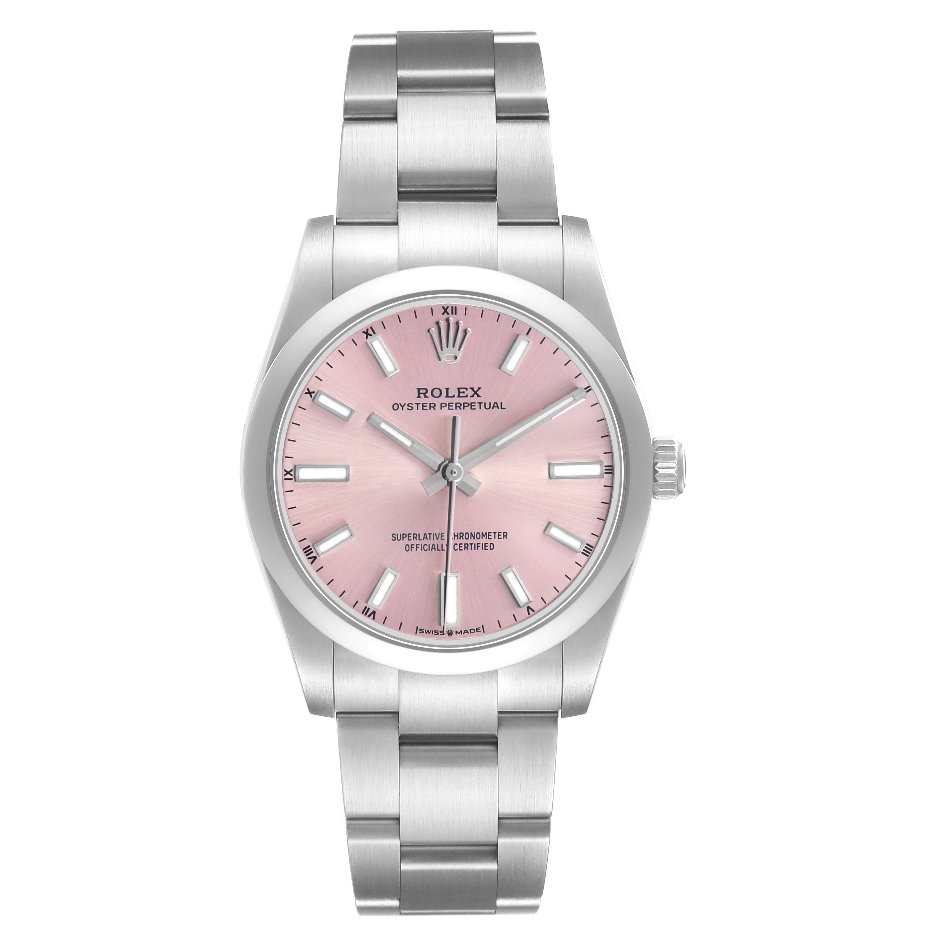 The Rolex Oyster Perpetual 124200 Men's Stainless Steel Pink Dial is shown from a front angle, displaying its pink dial, silver indices, and metal bracelet.