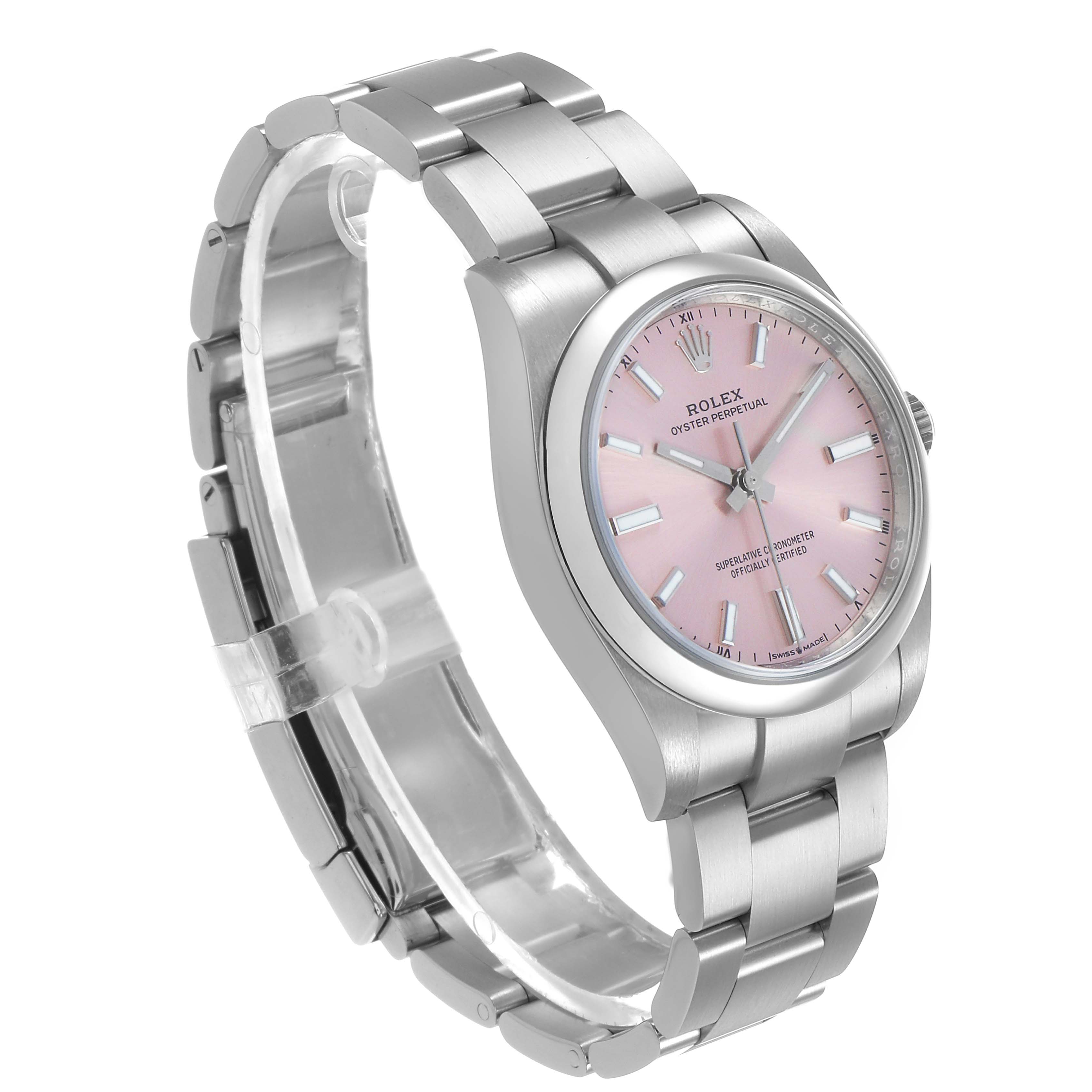 The Rolex Oyster Perpetual 124200 Men's Stainless Steel Pink Dial watch is shown at an angled side view, highlighting the bracelet and pink dial.