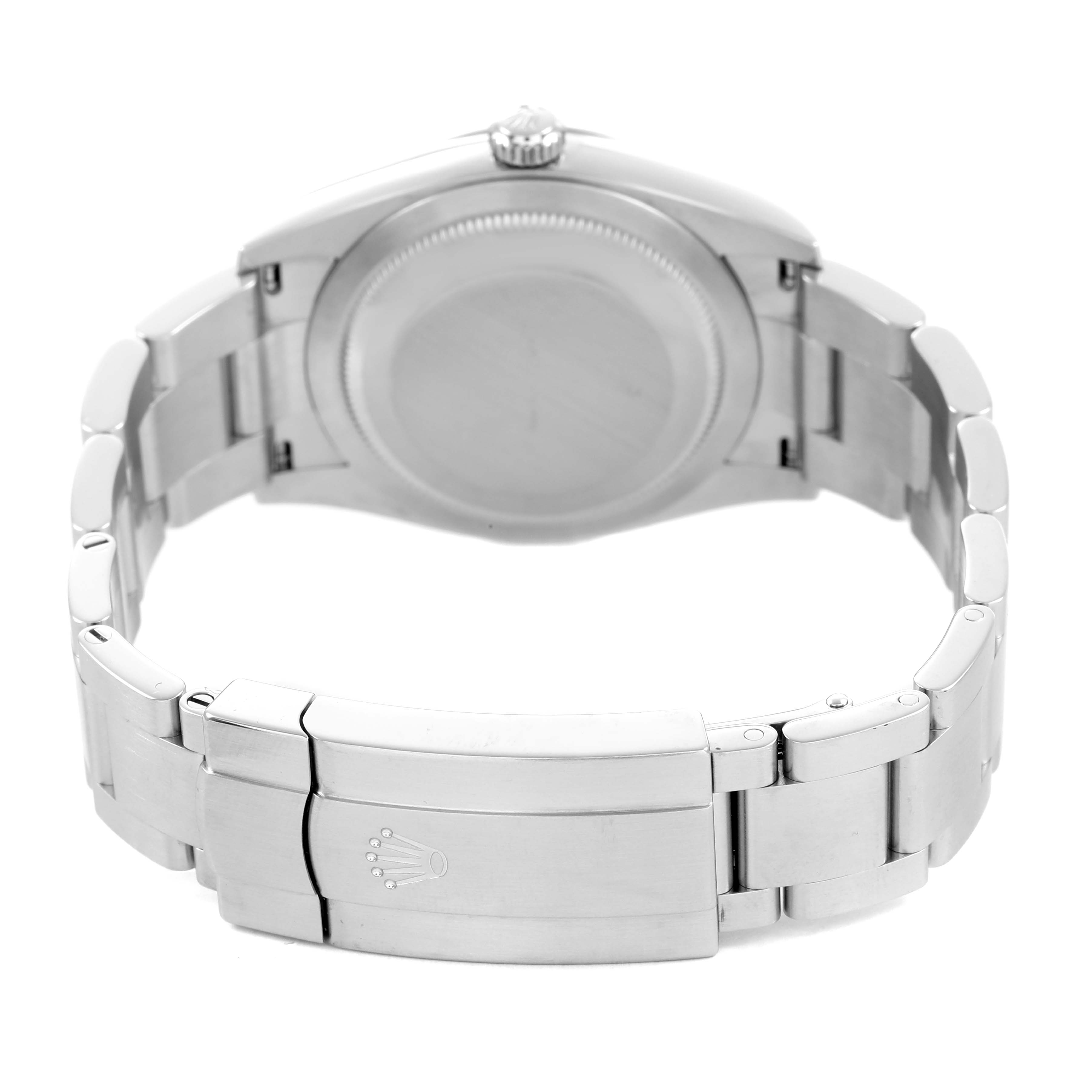 The image shows the back and bracelet clasp of a Rolex Oyster Perpetual 124200 Men's Stainless Steel Pink Dial watch from a low rear angle.