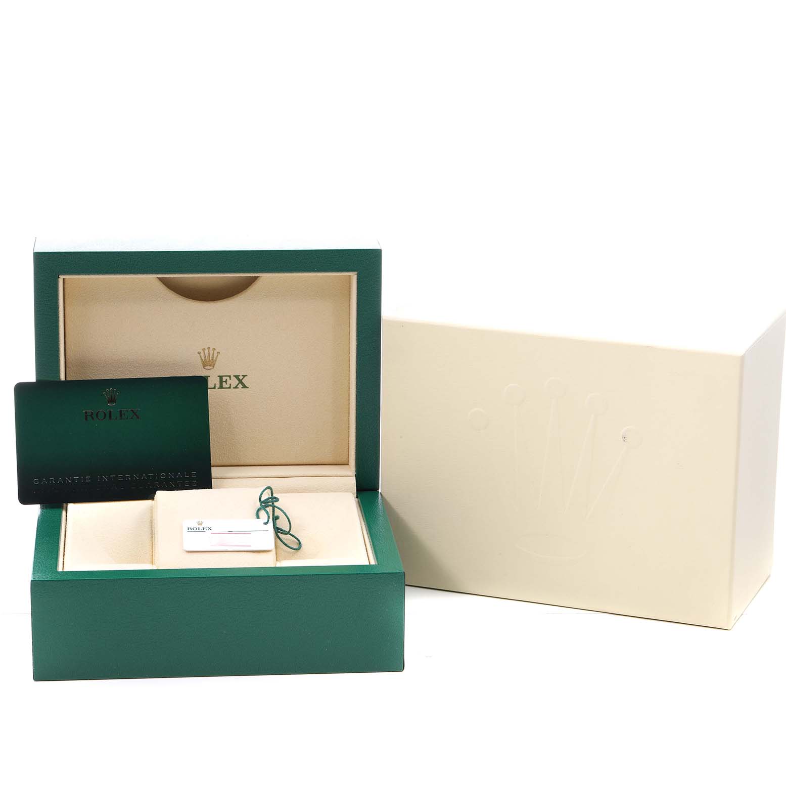 The image shows the packaging and accessories for a Rolex Oyster Perpetual 124200 Men's Stainless Steel Pink Dial, including the box, warranty card, and tag.