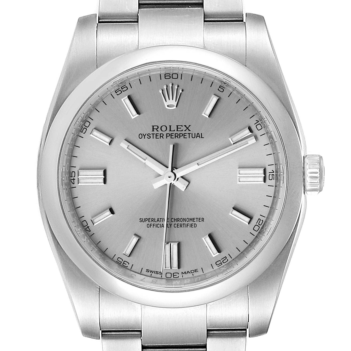 The image shows a front view of the Rolex Datejust 116000 Men
s Stainless Steel Grey Dial 116000 Men
s Stainless Steel Grey Dial watch, highlighting the dial, hands, crown, and a portion of the bracelet.