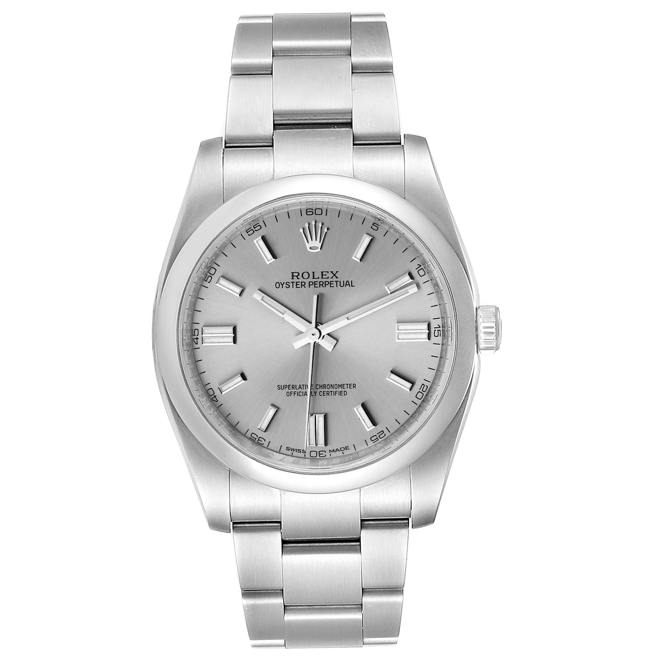 This is a front view of the Rolex Datejust 116000 Men
s Stainless Steel Grey Dial 116000 Men
s Stainless Steel Grey Dial, showing its face, bezel, crown, and bracelet.