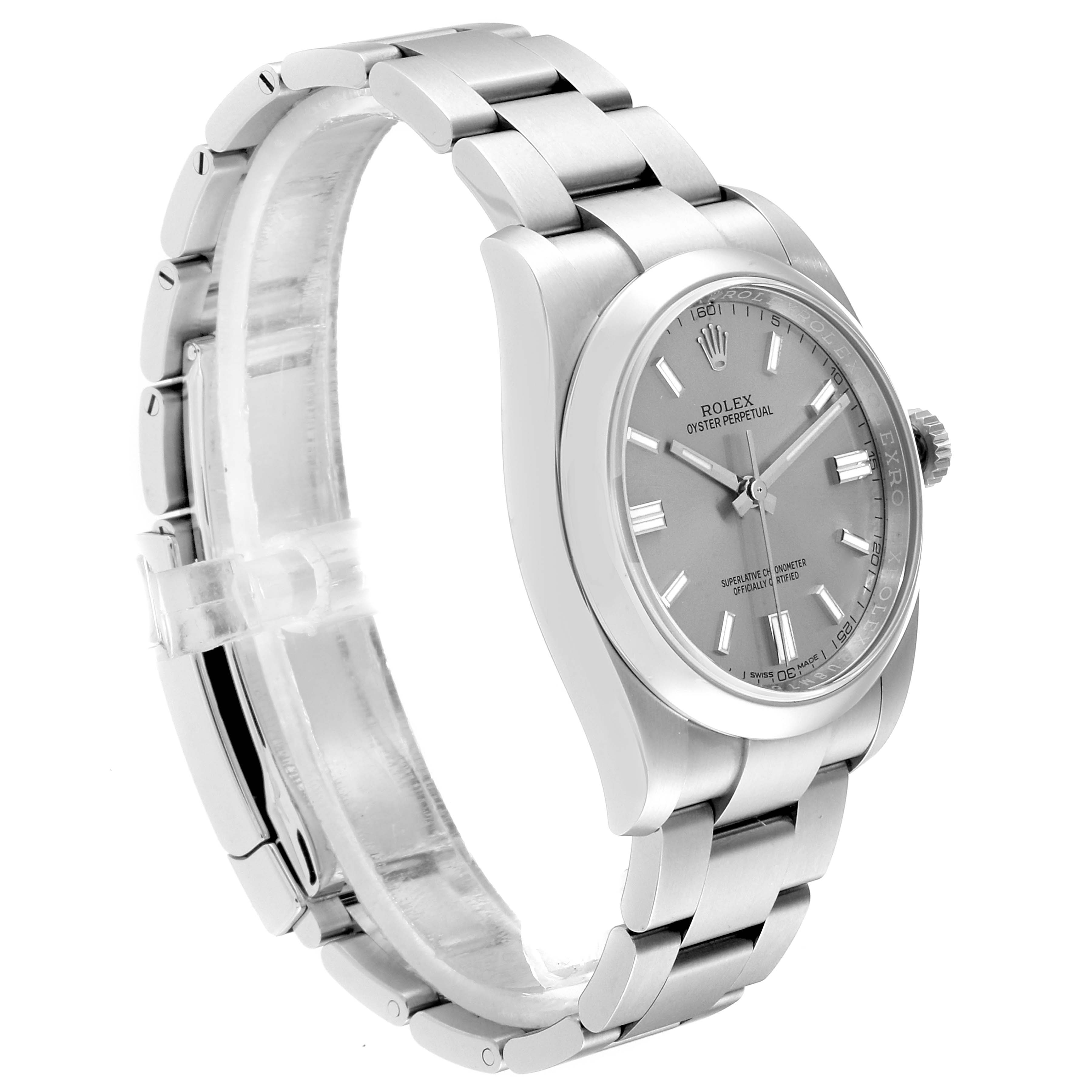 The image shows a side angle of the Rolex Datejust 116000 Men
s Stainless Steel Grey Dial 116000 Men
s Stainless Steel Grey Dial watch, showcasing the dial, bracelet, and case.