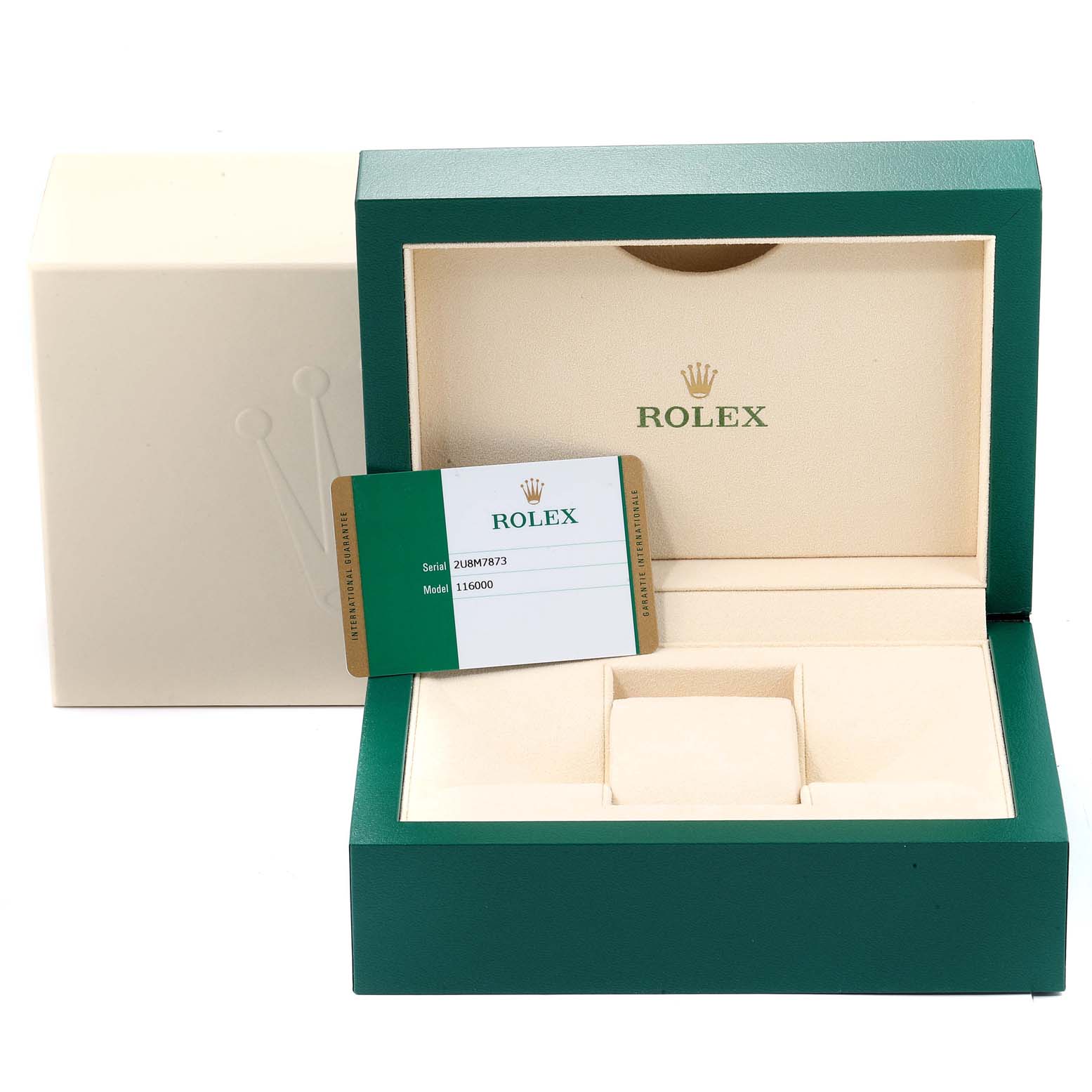 An empty Rolex Datejust 116000 Men
s Stainless Steel Grey Dial 116000 Men
s Stainless Steel Grey Dial watch box and Best Quality
ity card are shown at a front angle.