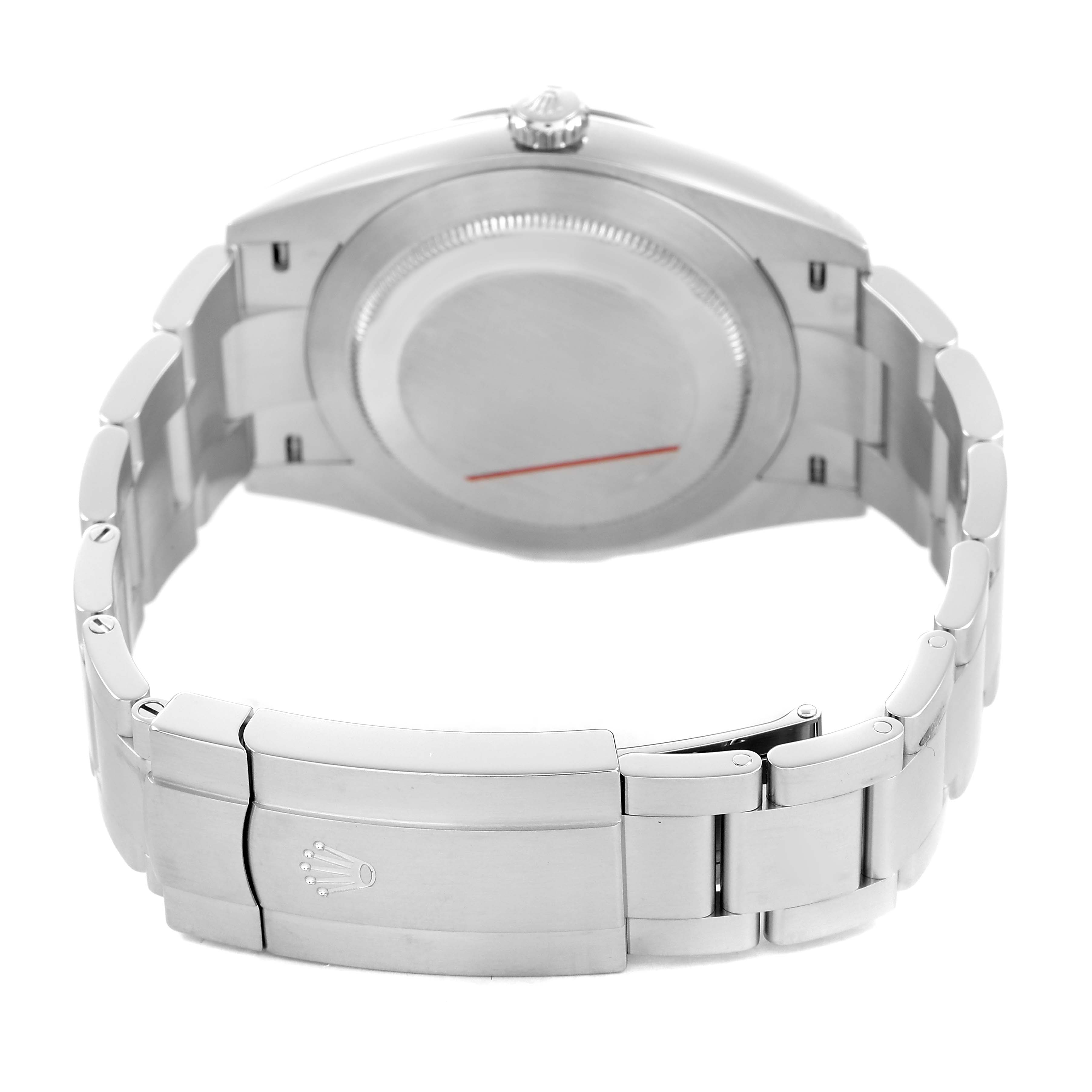 The image shows the back view of a Rolex Oyster Perpetual 124300 Men's Stainless Steel Green Dial watch, highlighting the case back, bracelet, and clasp.
