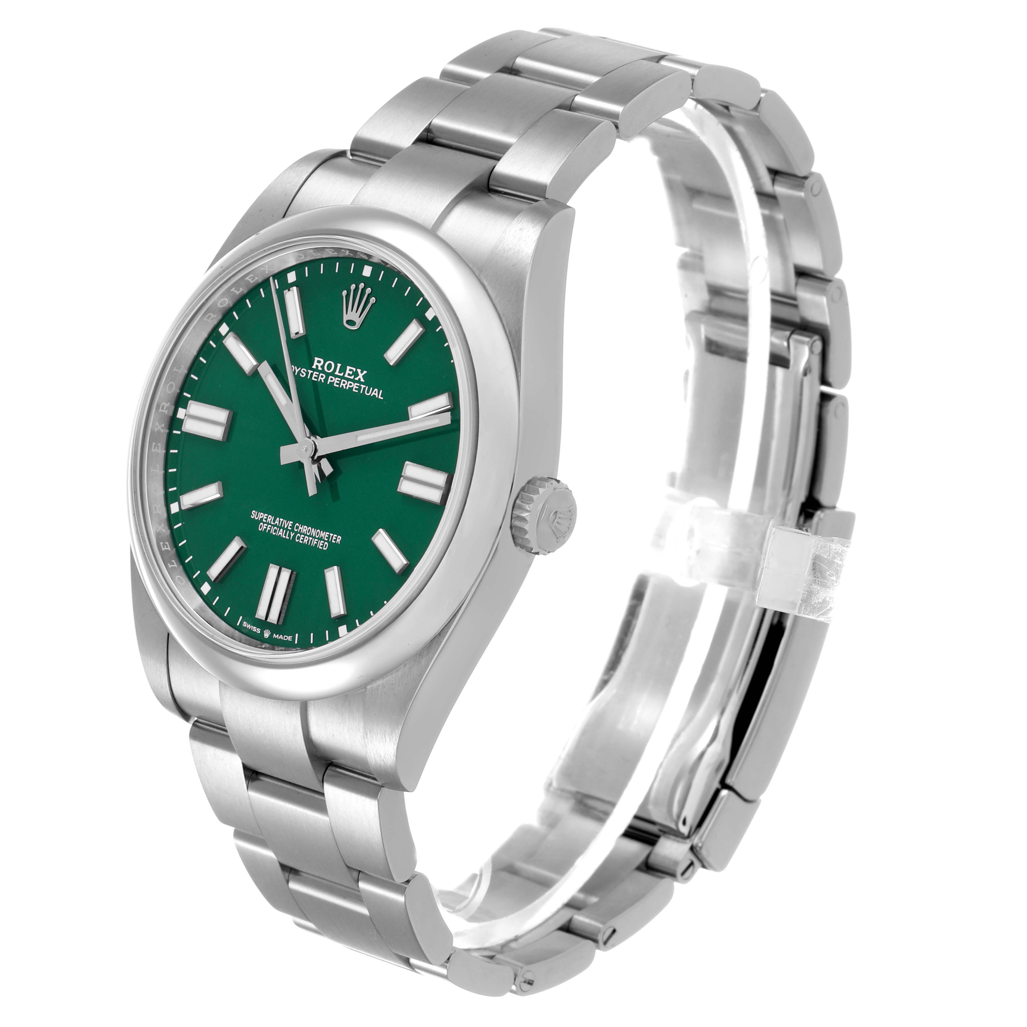 The Rolex Oyster Perpetual 124300 Men's Stainless Steel Green Dial watch is shown at a slight angle, highlighting the face, bezel, bracelet, and crown.