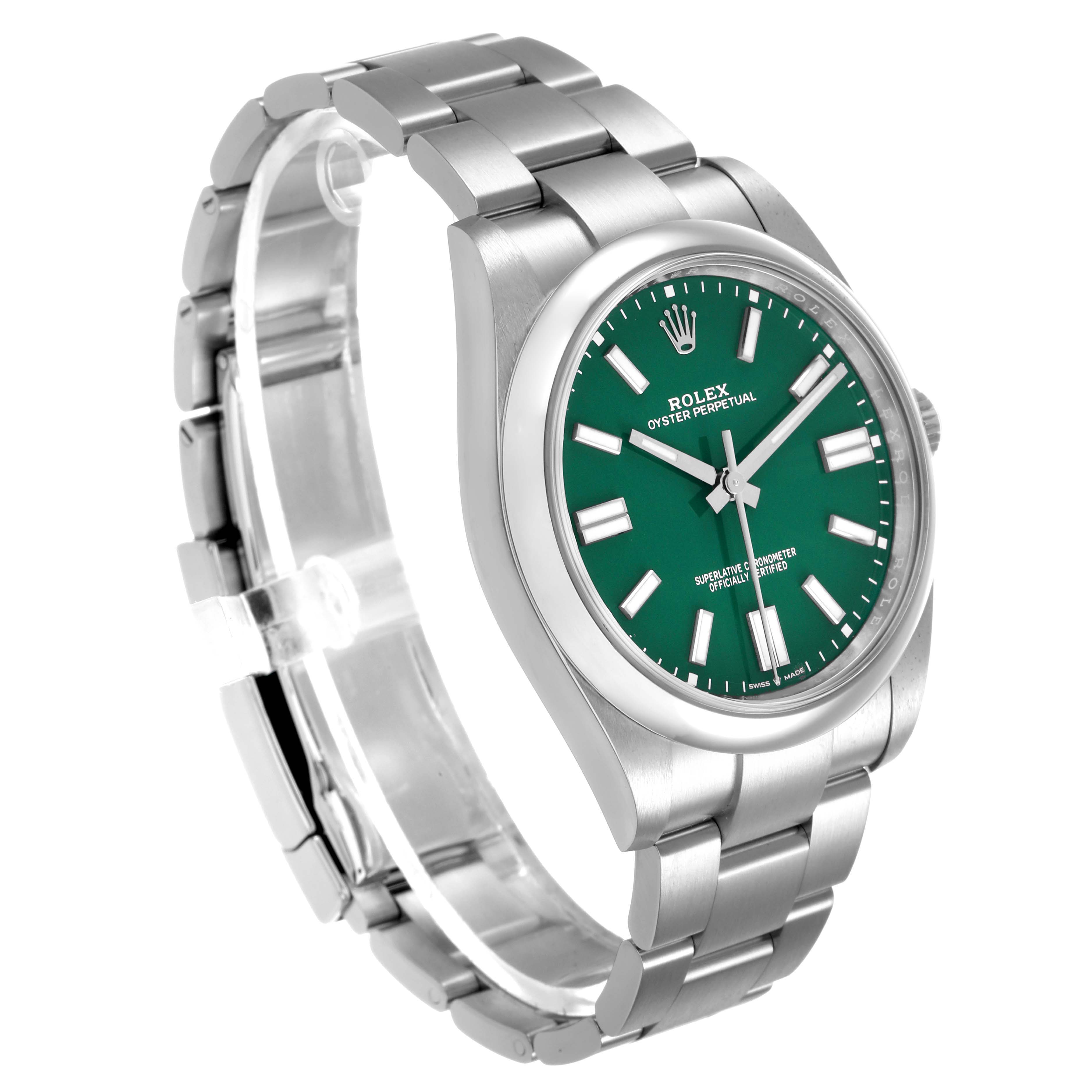 The Rolex Oyster Perpetual 124300 Men's Stainless Steel Green Dial watch is shown at a three-quarter angle, highlighting the green dial, bezel, and bracelet links.