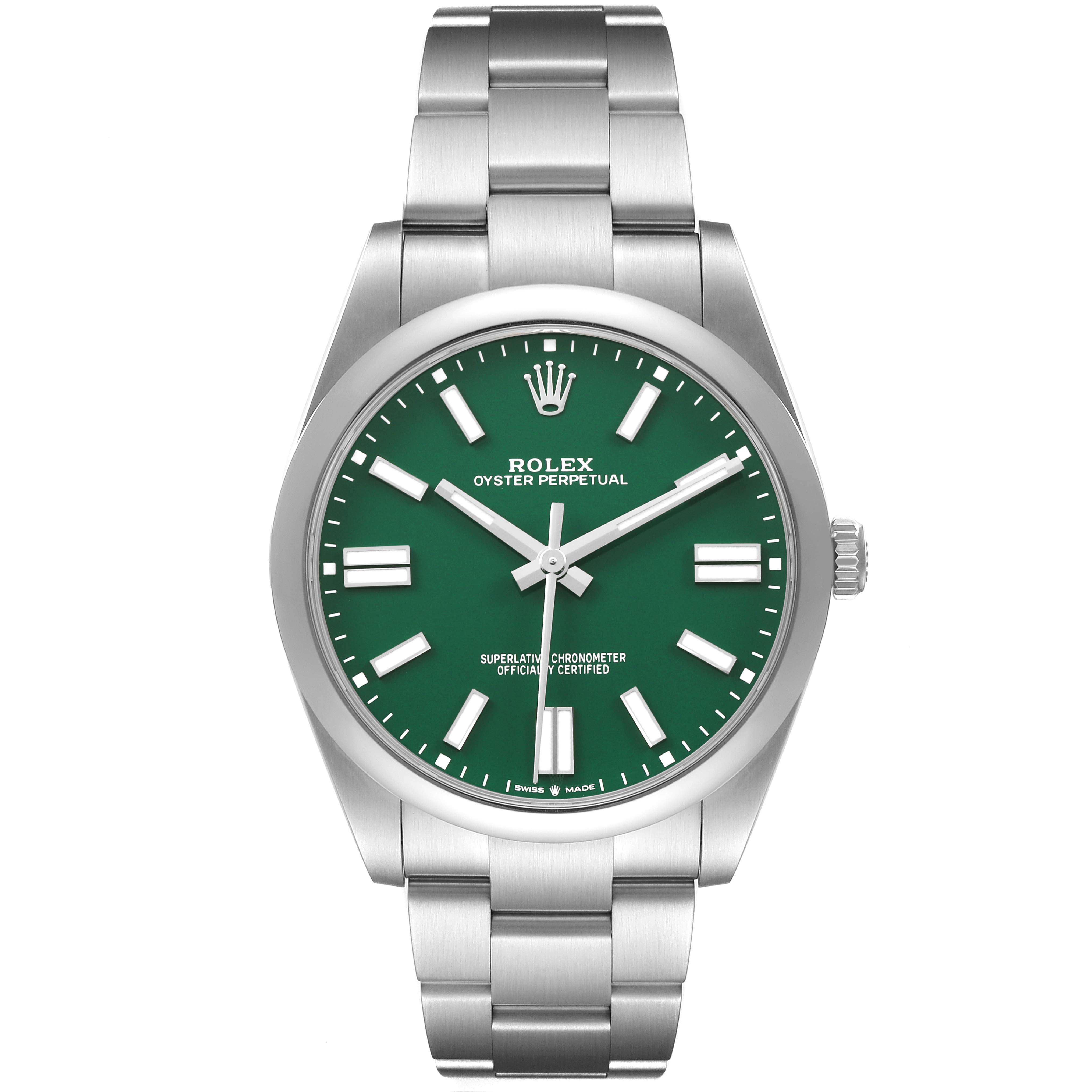 The Rolex Oyster Perpetual 124300 Men's Stainless Steel Green Dial watch is shown from the front, displaying its green dial, silver bracelet, and crown clearly.