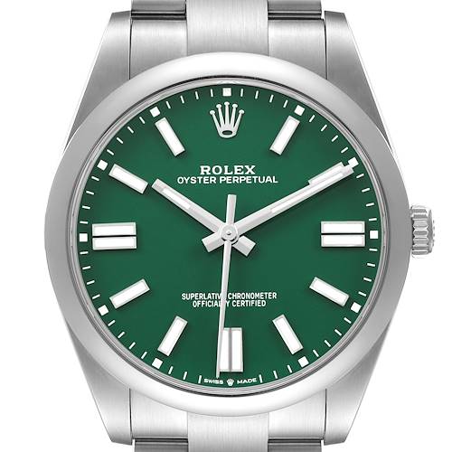 The Rolex Oyster Perpetual 124300 Men's Stainless Steel Green Dial watch is shown from a front angle, highlighting its green dial, markers, hands, bezel, and part of the bracelet.