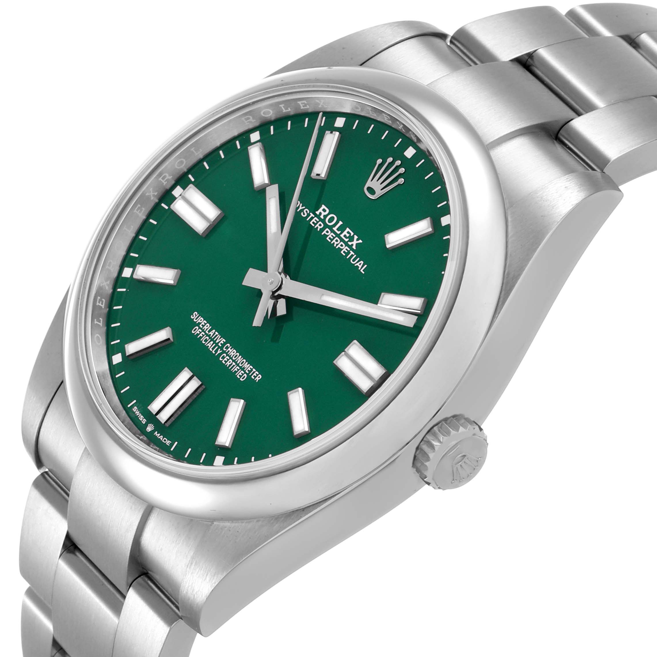 The Rolex Oyster Perpetual 124300 Men's Stainless Steel Green Dial watch is shown at a slight angle, displaying the green dial, silver indices, case, and bracelet.