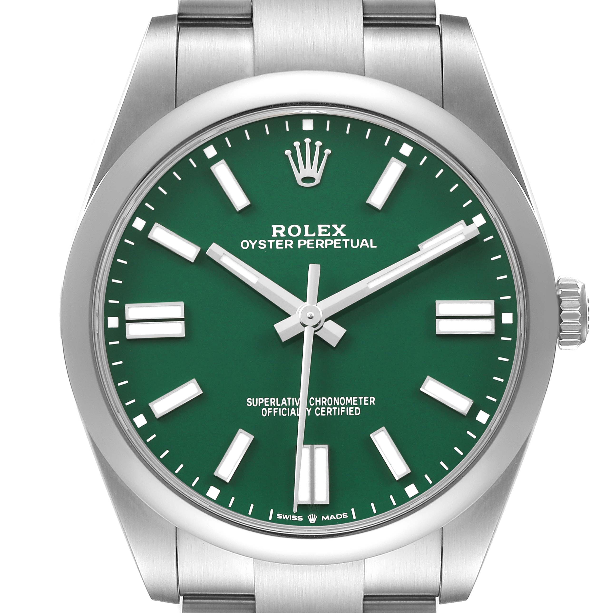 The Rolex Oyster Perpetual 124300 Men's Stainless Steel Green Dial watch is shown from the front, featuring a green dial with silver hour markers and hands.