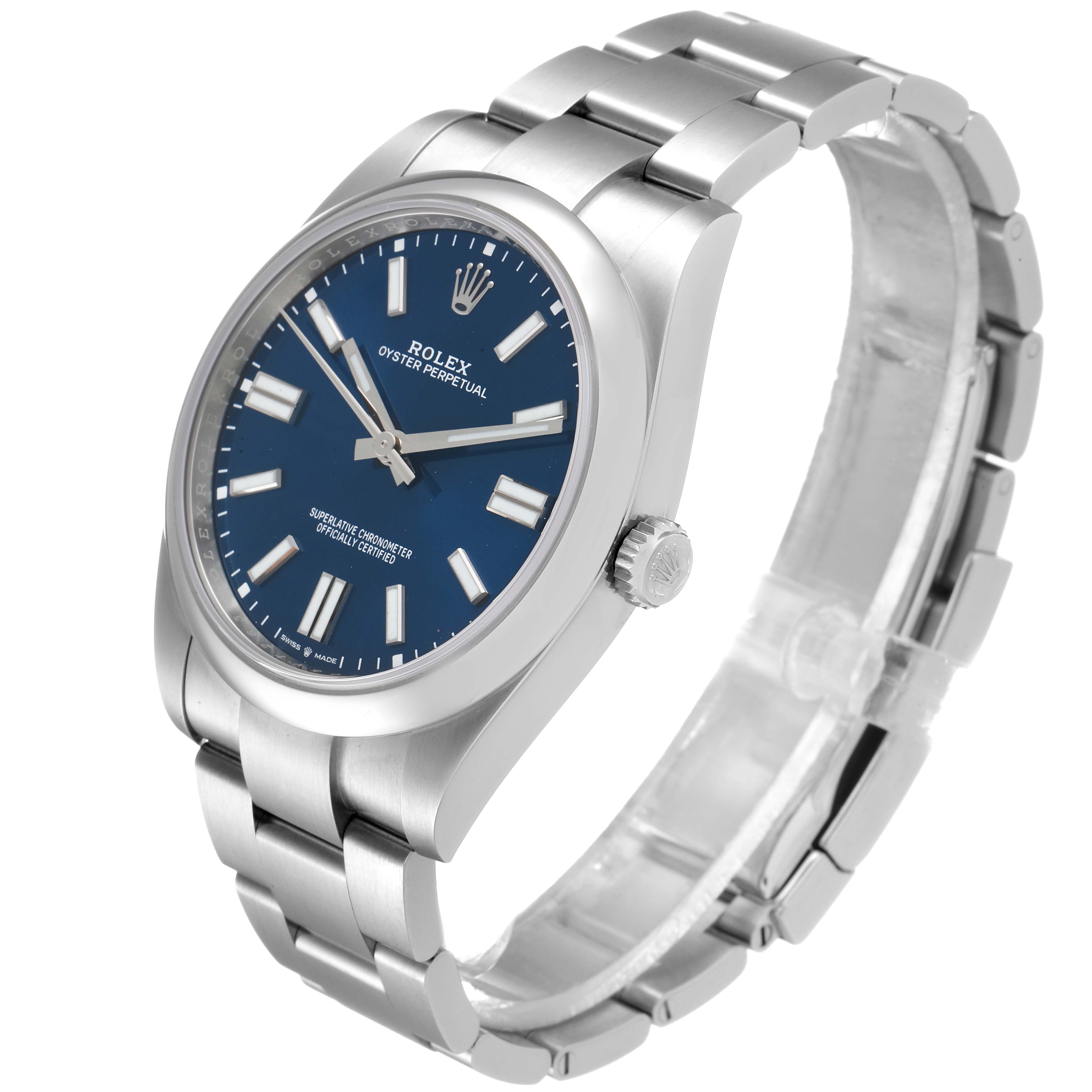 The Rolex Oyster Perpetual 124300 Men
s Stainless Steel Blue Dial 124300 Men
s Stainless Steel Blue Dial watch is shown at a 3/4 angle, displaying its blue dial, crown, and stainless steel bracelet.