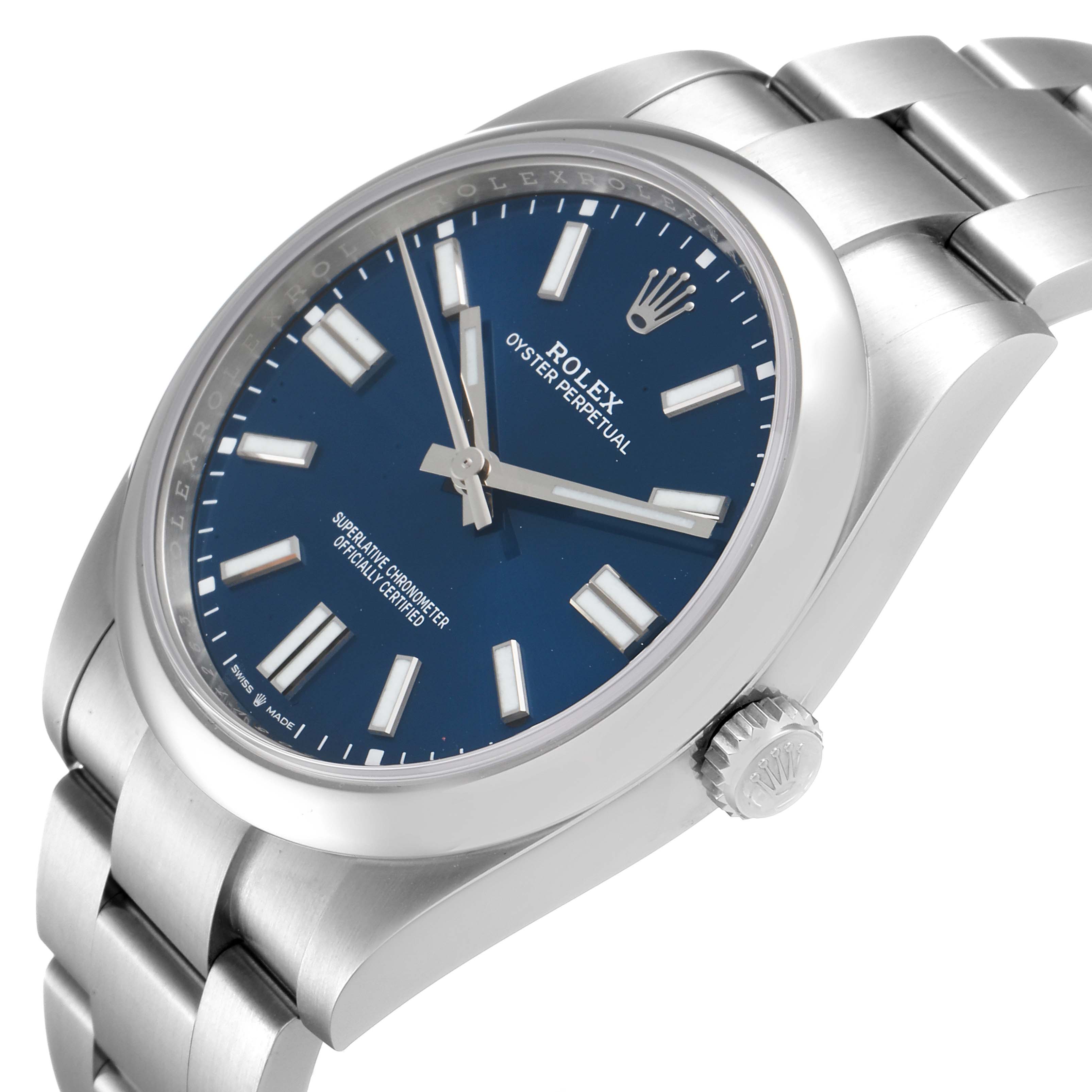 The image shows a Rolex Oyster Perpetual 124300 Men
s Stainless Steel Blue Dial 124300 Men
s Stainless Steel Blue Dial watch from an angled upper side view, highlighting the dial, crown, and part of the bracelet.