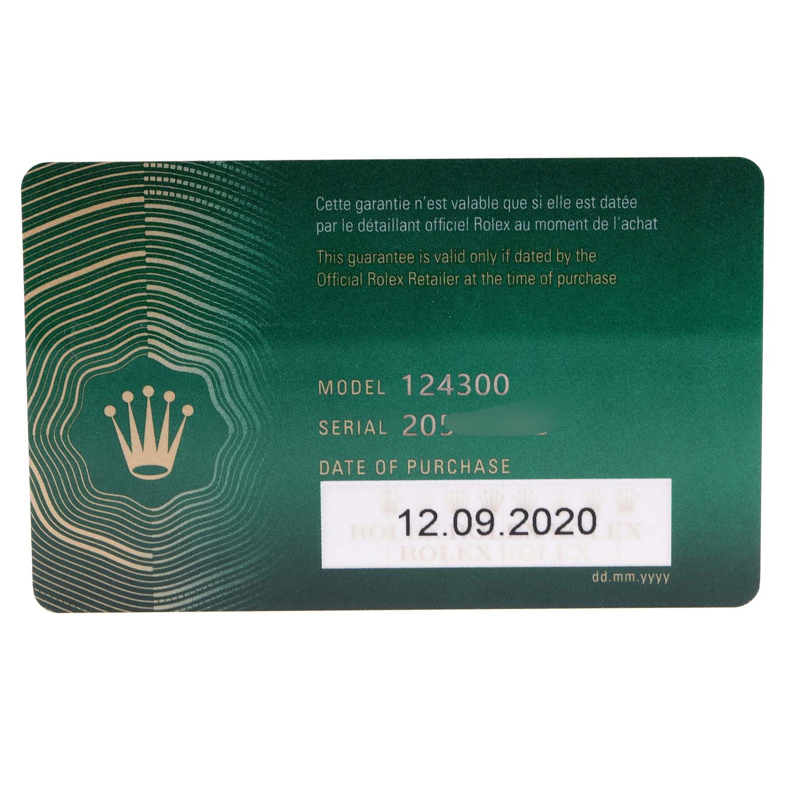 The image shows a Rolex Oyster Perpetual 124300 Men
s Stainless Steel Blue Dial 124300 Men
s Stainless Steel Blue Dial warranty card with model number 124300 and a purchase date of 12.09.2020.