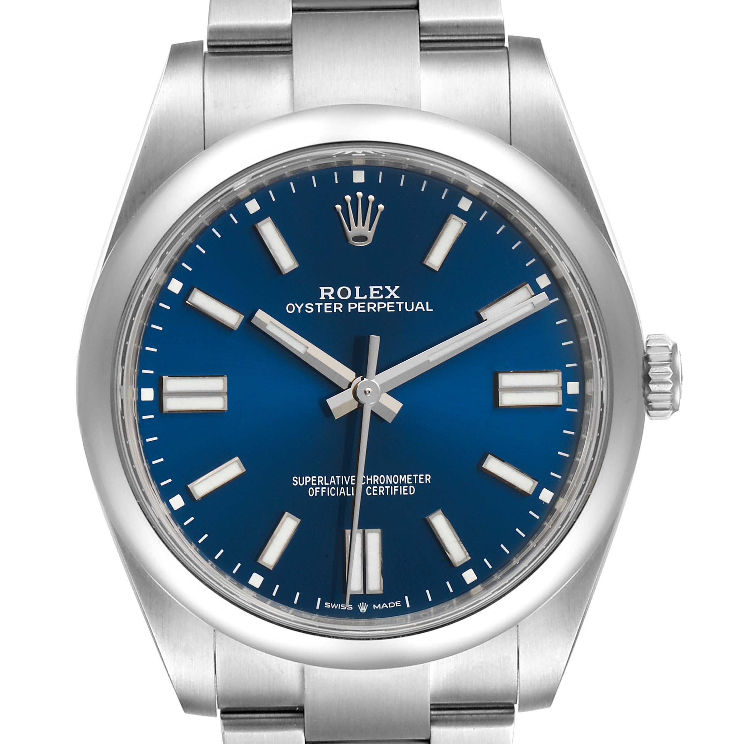 The image shows a frontal view of the Rolex Oyster Perpetual 124300 Men
s Stainless Steel Blue Dial 124300 Men
s Stainless Steel Blue Dial watch, featuring a blue dial, silver hands, and a stainless steel bracelet.