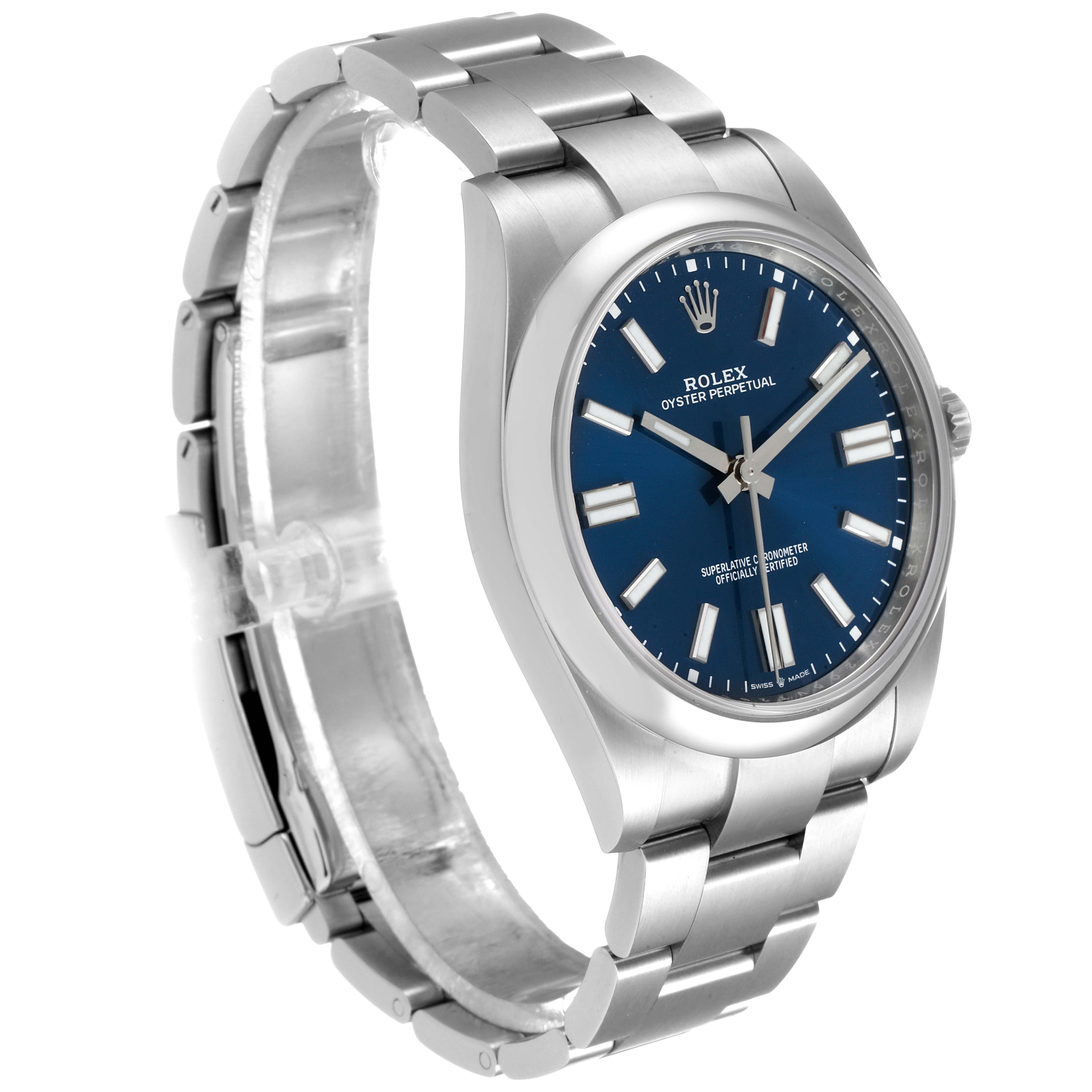 The Rolex Oyster Perpetual 124300 Men
s Stainless Steel Blue Dial 124300 Men
s Stainless Steel Blue Dial watch is shown at a slight angle, displaying its blue dial, silver hands, and bracelet.