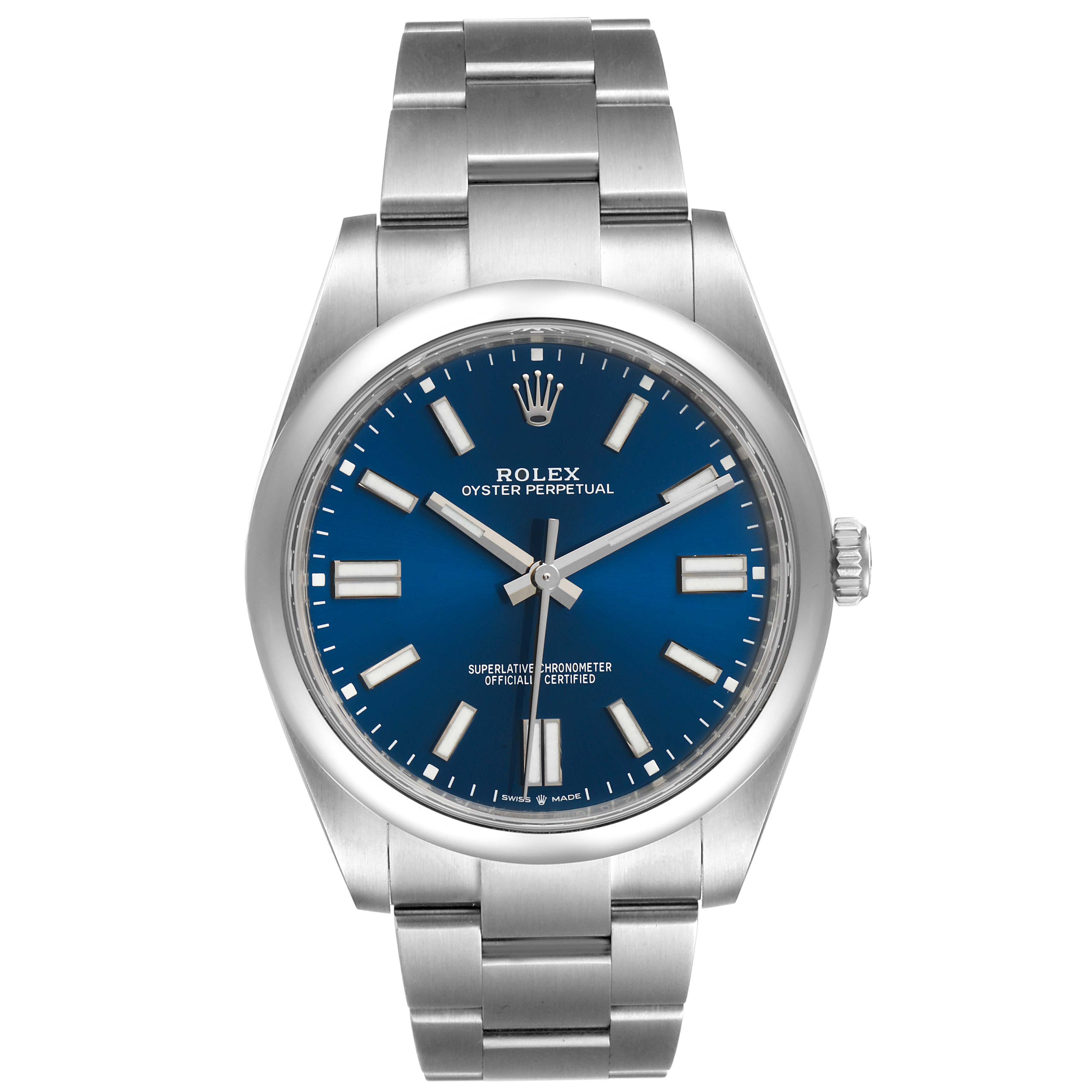 This Rolex Oyster Perpetual 124300 Men
s Stainless Steel Blue Dial 124300 Men
s Stainless Steel Blue Dial watch is shown from the front, displaying the face, dial, hands, and part of the bracelet.