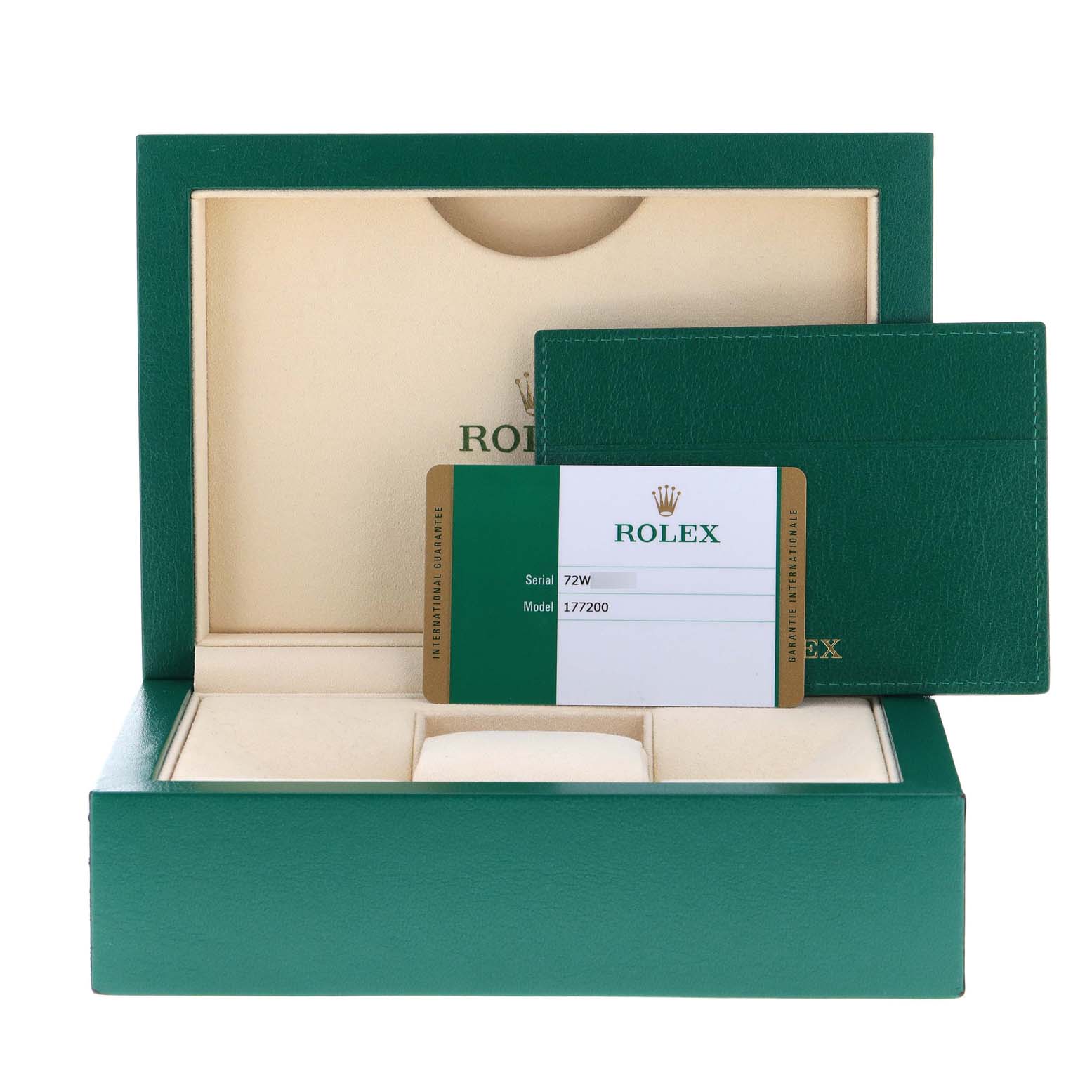 The image shows an open green Rolex watch box for the Mid-Size model with a warranty card.