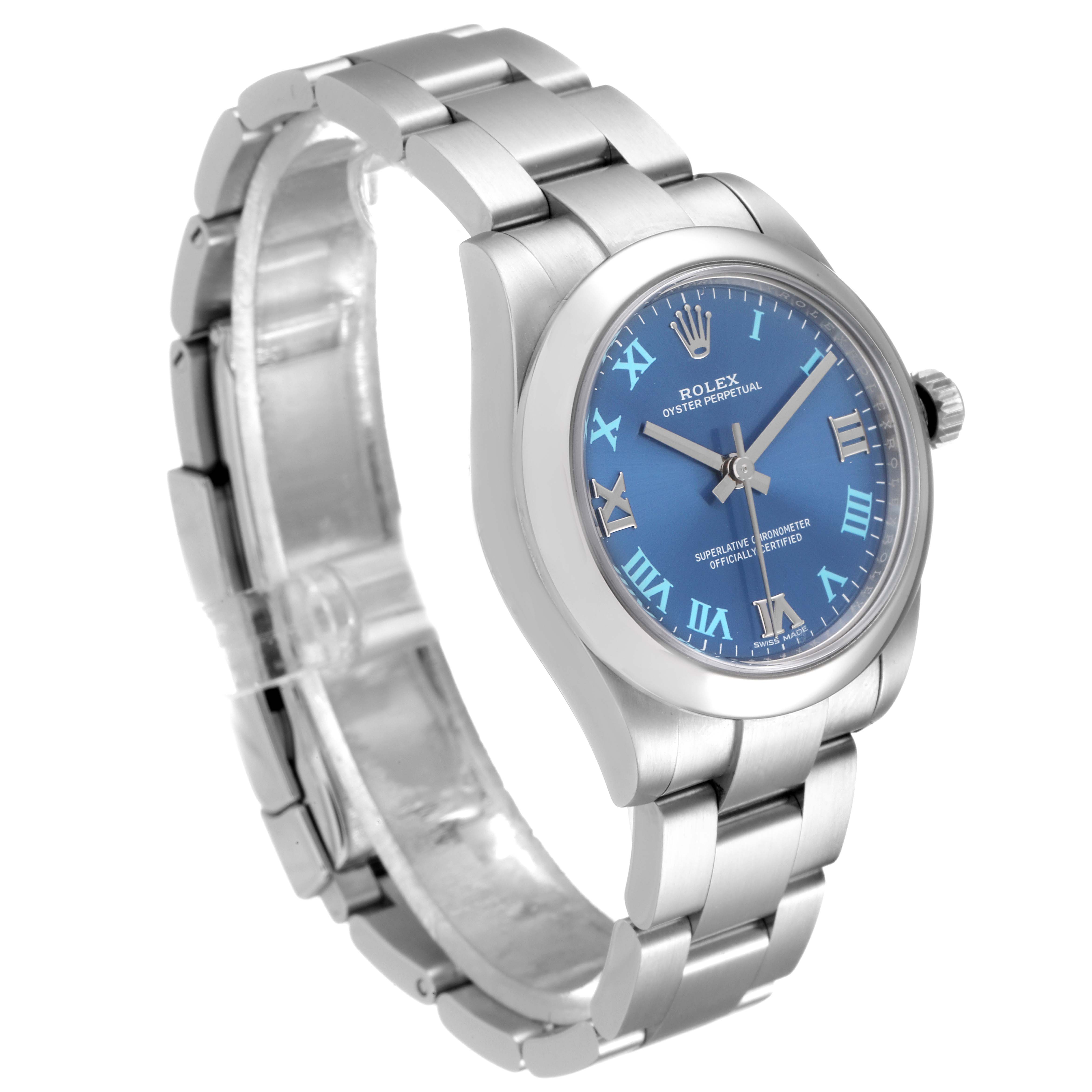 This image shows a Mid-Size Rolex watch in a three-quarter angle, highlighting the blue dial, Roman numerals, and stainless steel bracelet.
