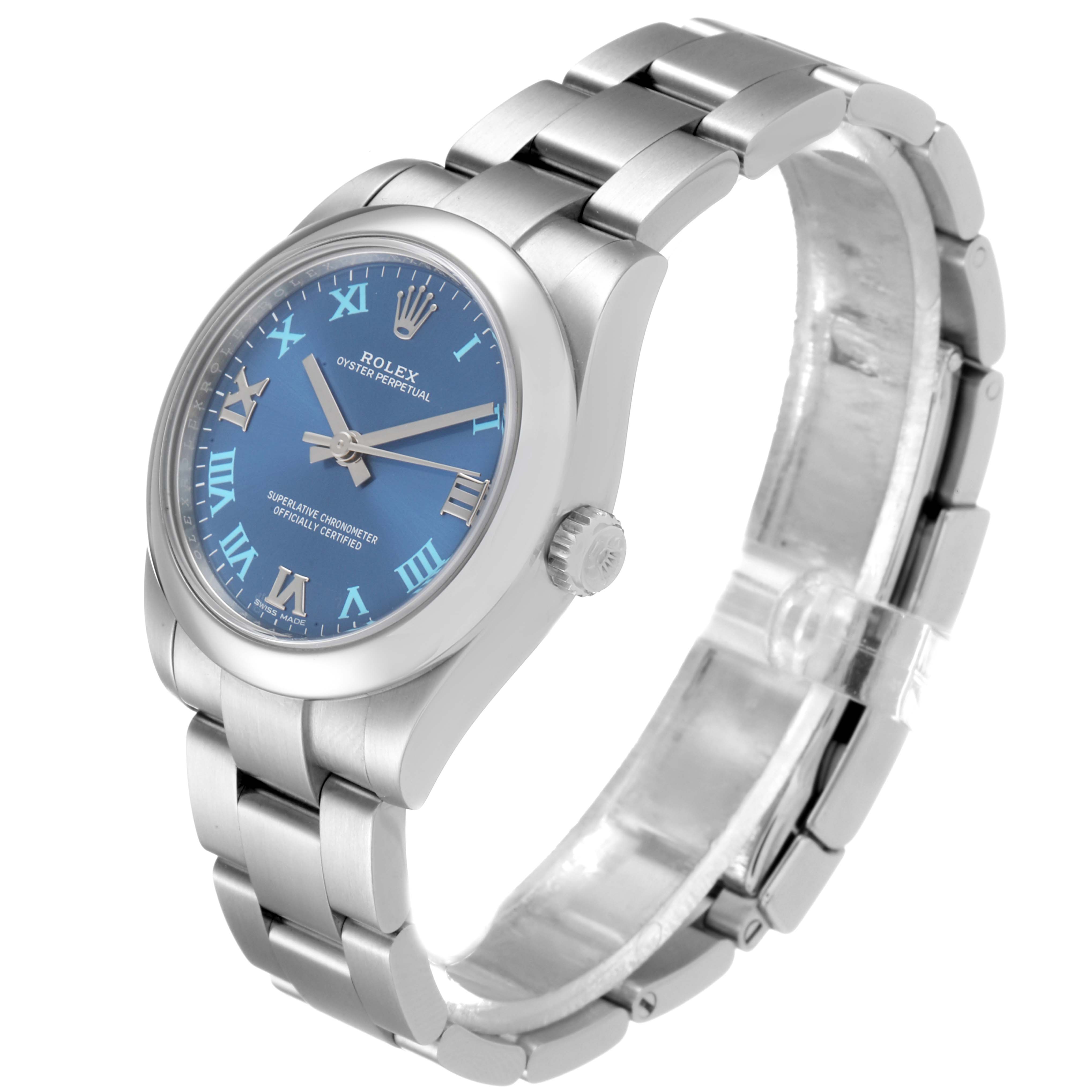 The image shows a Rolex Mid-Size 177200 Women
s Stainless Steel Blue Dial 177200 Women
s Stainless Steel Blue Dial Oyster Perpetual watch from a three-quarter side angle, highlighting the blue dial and bracelet.