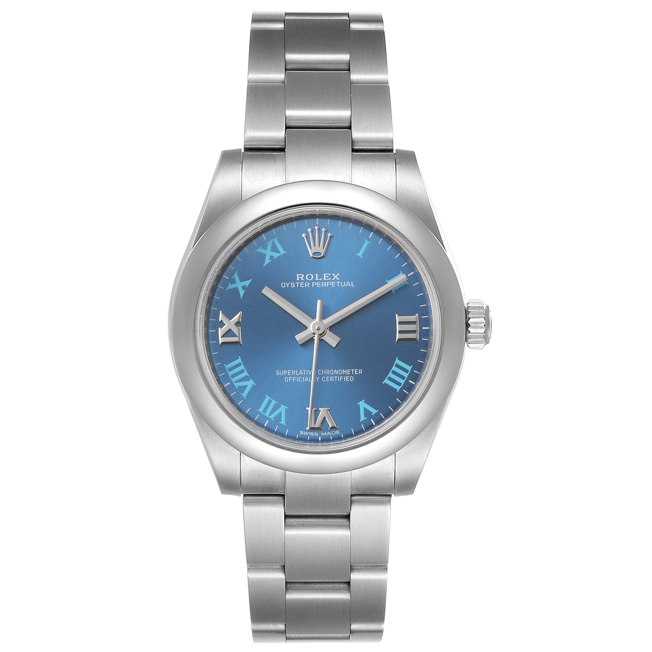 The image shows a front view of a Rolex Oyster Perpetual Mid-Size model, displaying the dial, case, and bracelet in full.