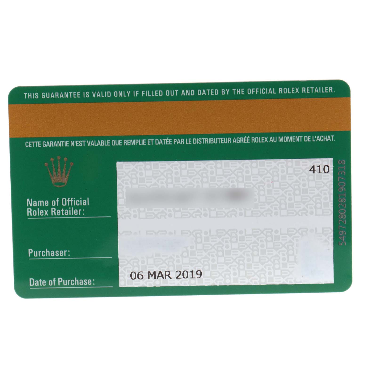 The image shows a guarantee card for a Rolex Mid-Size 177200 Women
s Stainless Steel Blue Dial 177200 Women
s Stainless Steel Blue Dial model, featuring retailer information, purchase date, and security details.