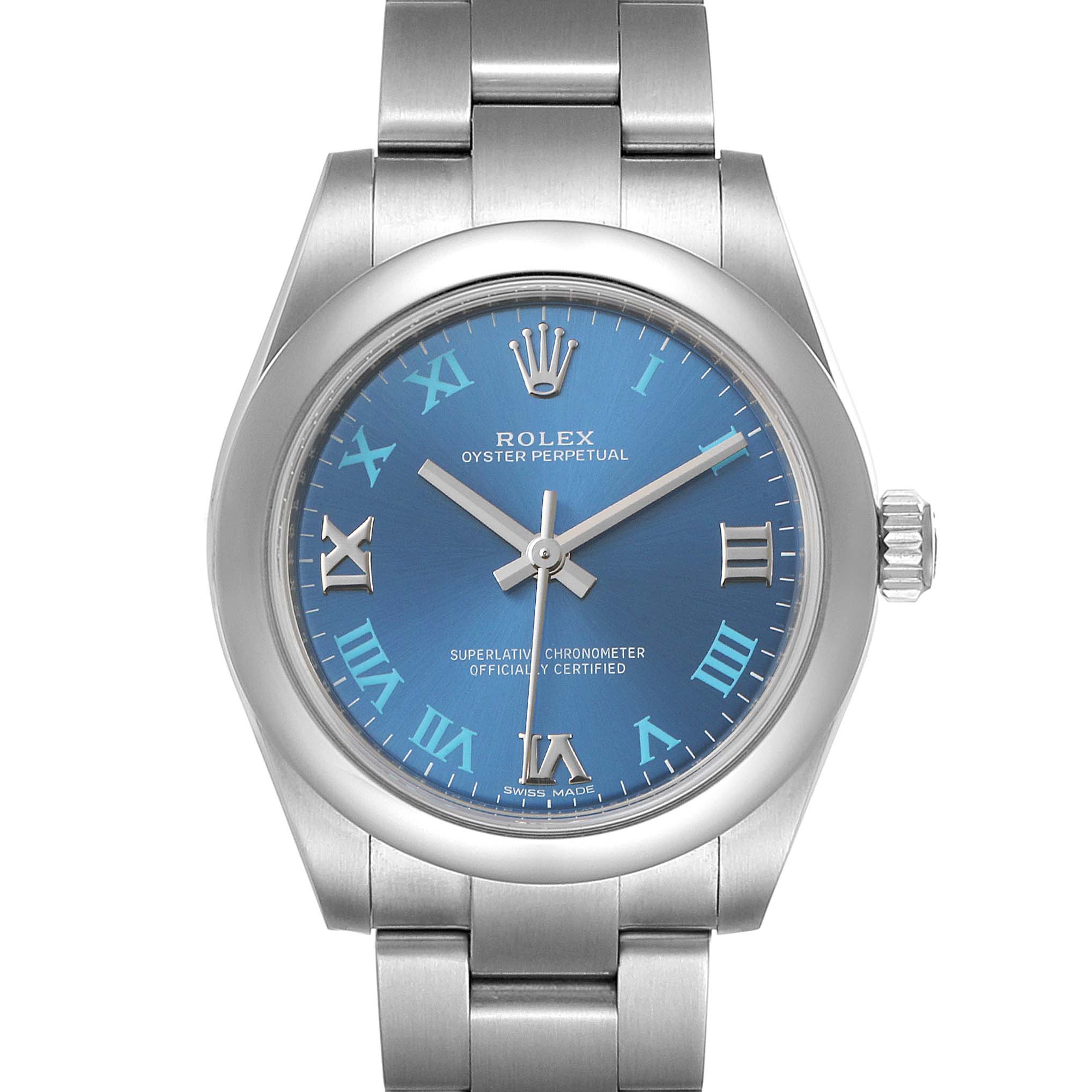 The image shows a front-angle view of a Rolex Oyster Perpetual Mid-Size watch with a blue Roman numeral dial and a stainless steel bracelet.