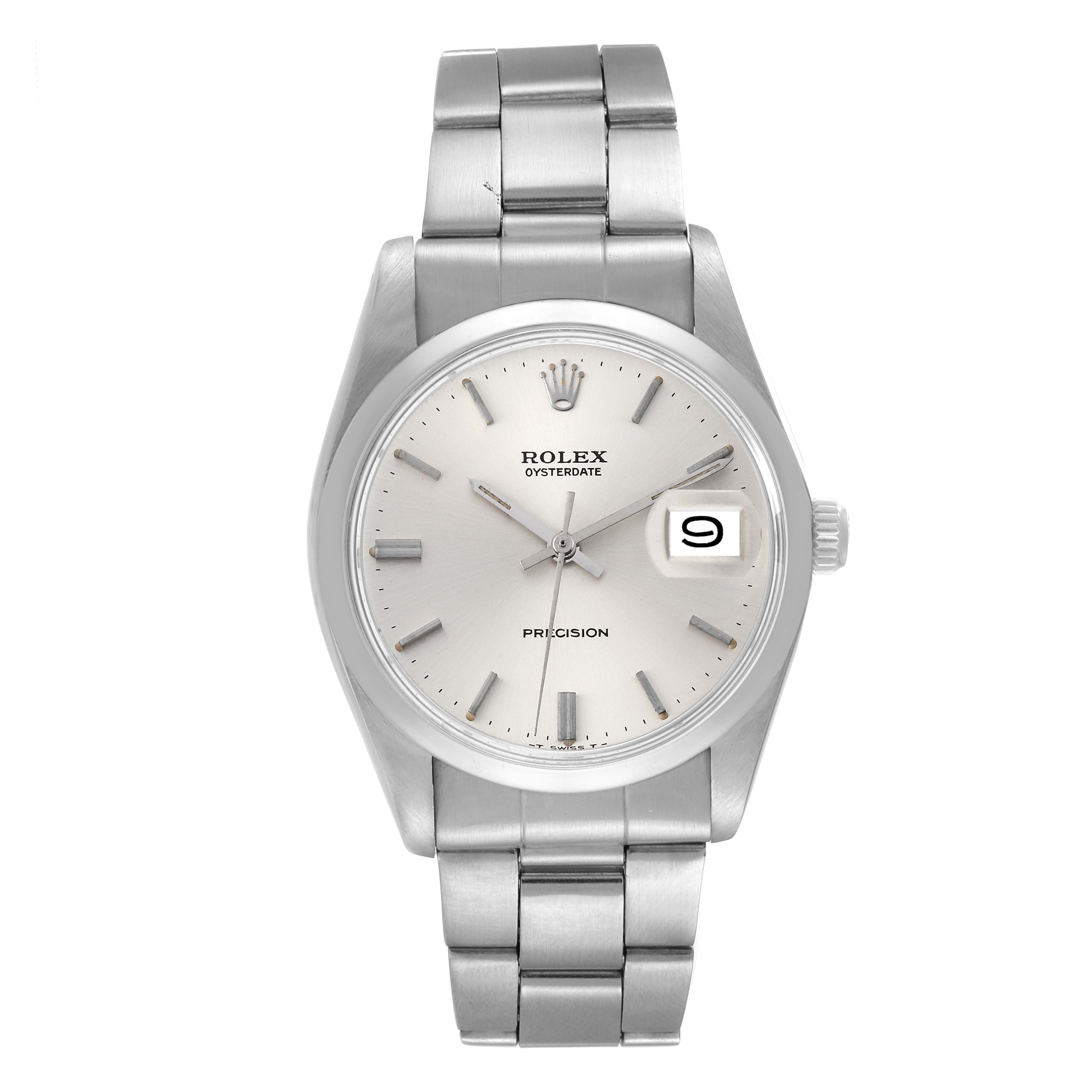 The image shows a front view of the Rolex Vintage Collection 6694 Men's Stainless Steel Silver Dial 6694 Men's Stainless Steel Silver Dial model, highlighting its face, hands, date, and bracelet.