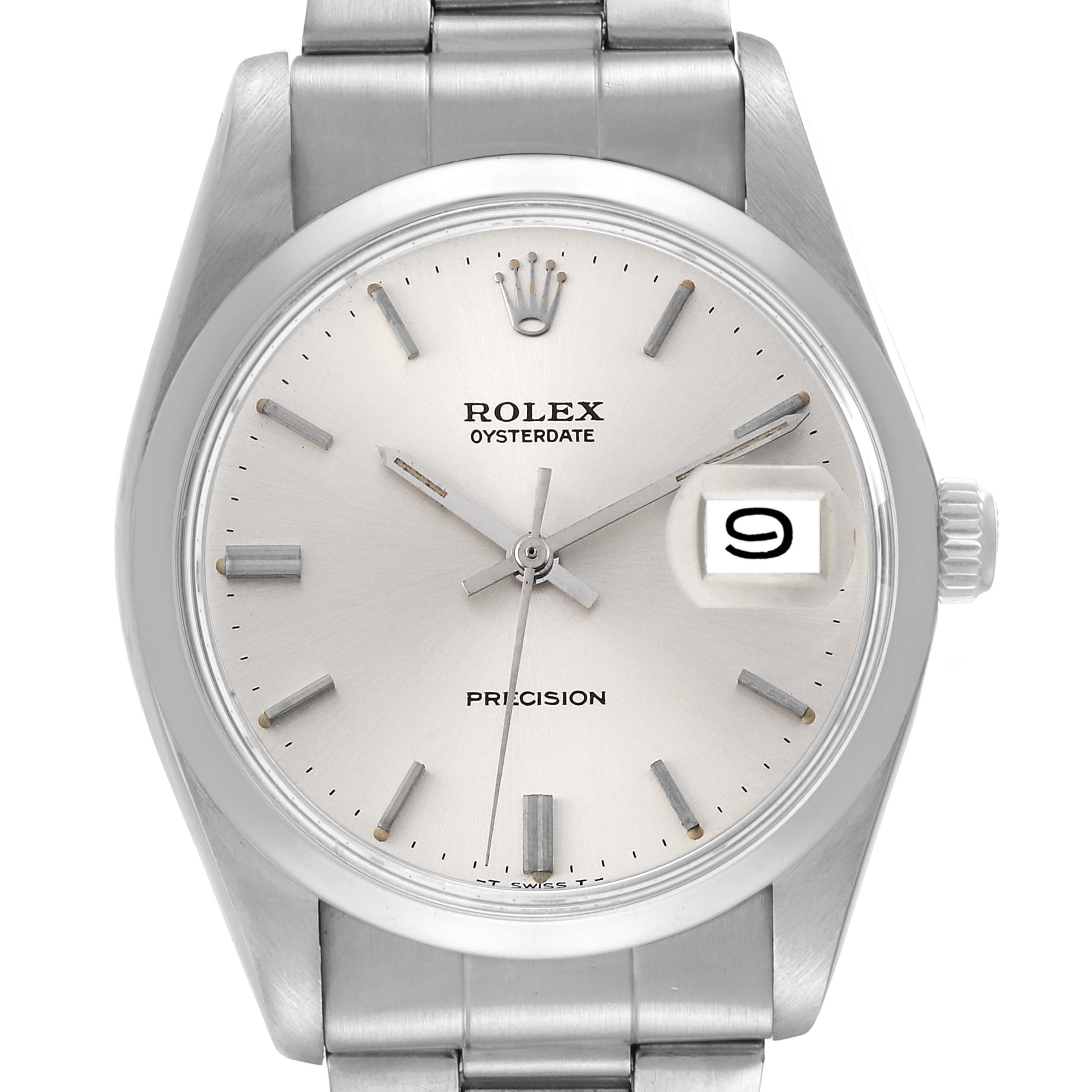 This image shows a front view of the Rolex Vintage Collection 6694 Men's Stainless Steel Silver Dial 6694 Men's Stainless Steel Silver Dial model, displaying the dial, date window, and stainless steel bracelet.