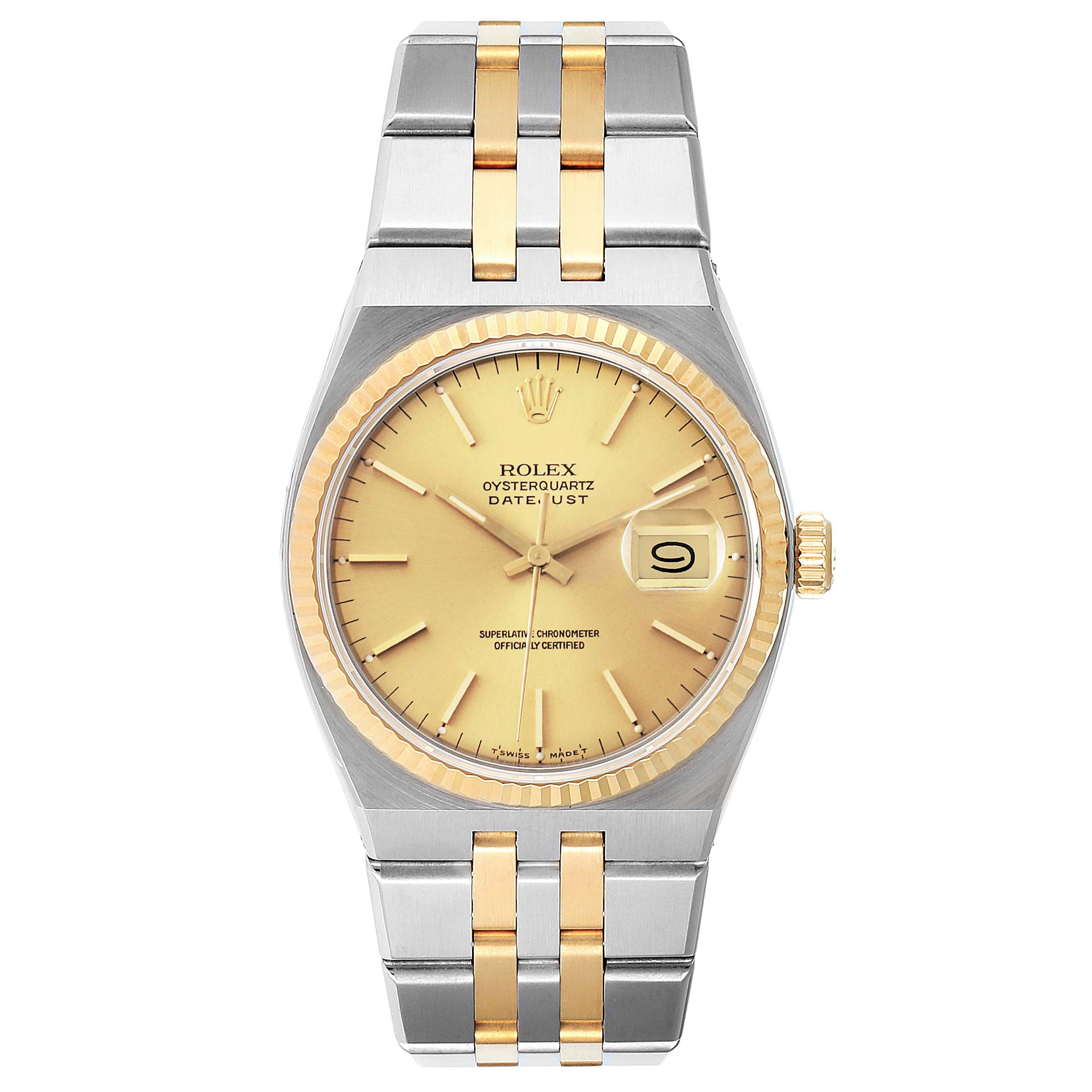 This Rolex Oysterquartz 17013 Men
s Steel and Gold (two tone) Champagne Dial 17013 Men
s Steel and Gold (two tone) Champagne Dial watch is shown from a front angle, displaying its face, bezel, and bracelet.