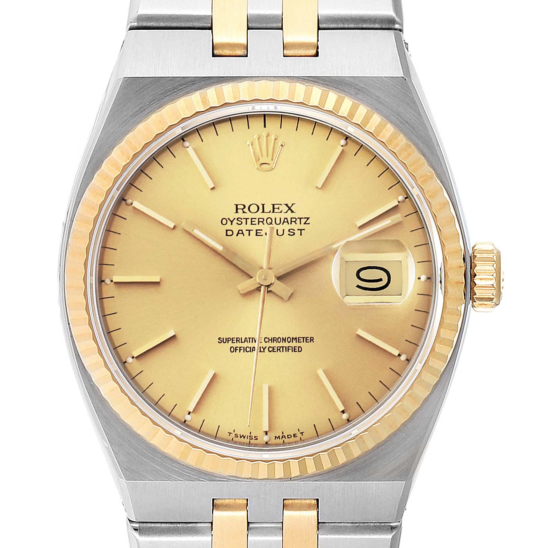 This image shows a frontal view of a Rolex Oysterquartz 17013 Men
s Steel and Gold (two tone) Champagne Dial 17013 Men
s Steel and Gold (two tone) Champagne Dial Datejust watch, displaying the dial, crown, and part of the bracelet.