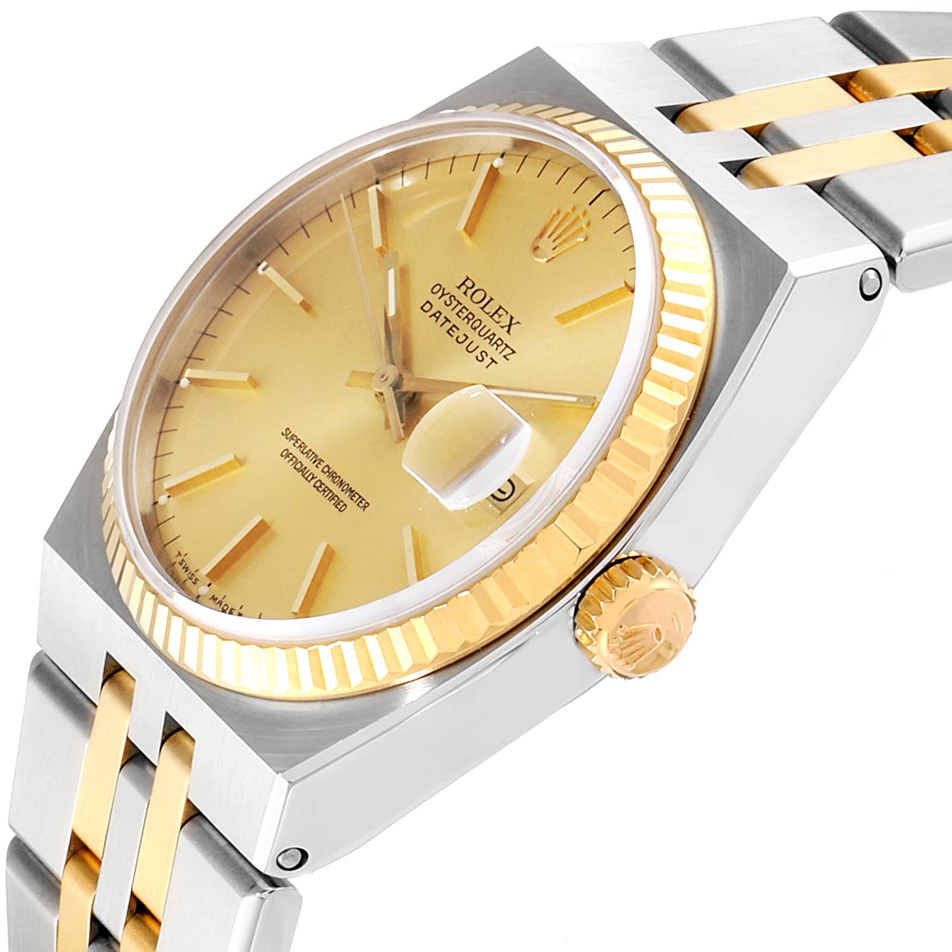 The image shows a Rolex Oysterquartz 17013 Men
s Steel and Gold (two tone) Champagne Dial 17013 Men
s Steel and Gold (two tone) Champagne Dial watch at an oblique angle, highlighting the dial, crown, bezel, and part of the bracelet.