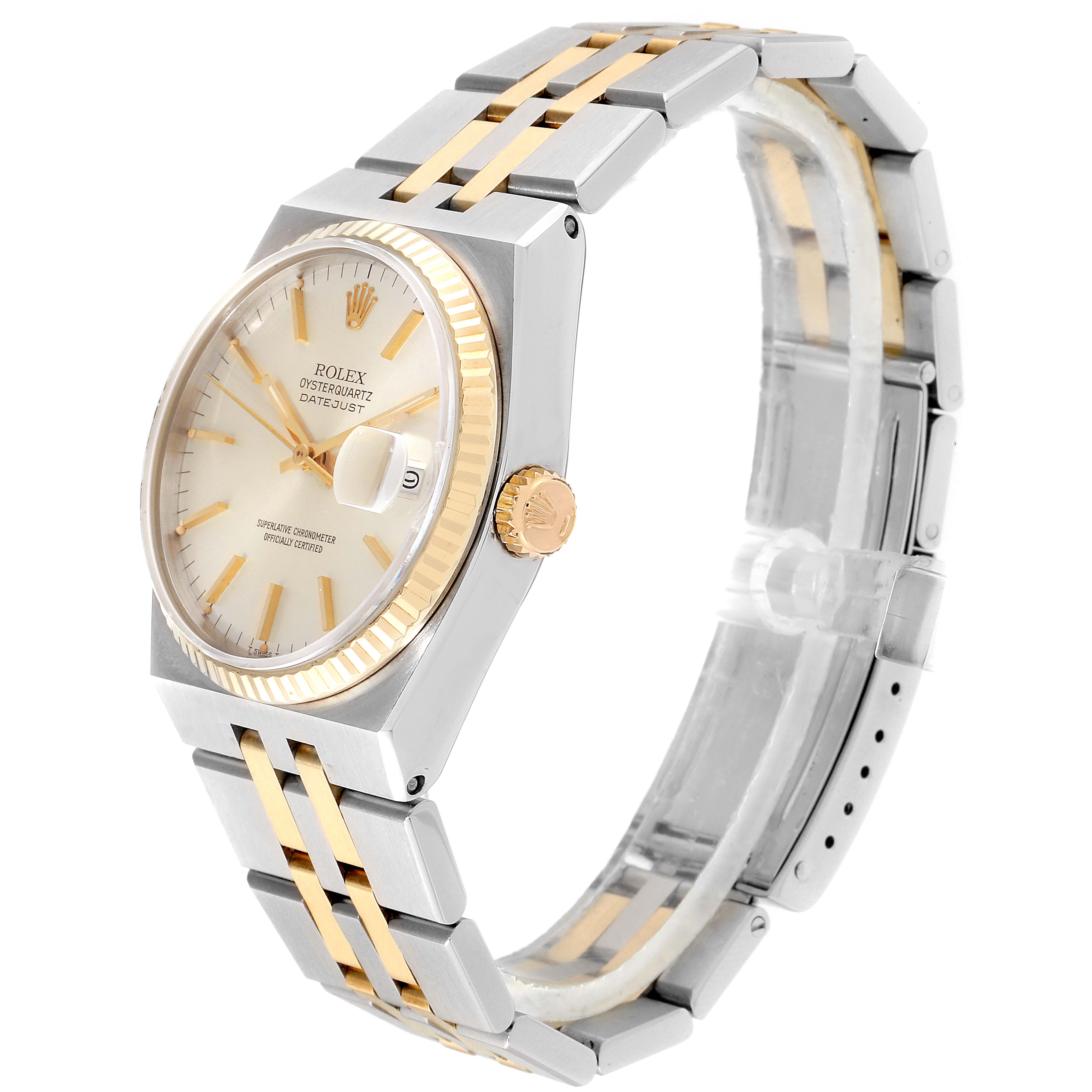 The image shows a side profile angle of a Rolex Oysterquartz 17013 Men
s Steel and Gold (two tone) Silver Dial 17013 Men
s Steel and Gold (two tone) Silver Dial watch, highlighting the dial, bezel, crown, and bracelet.