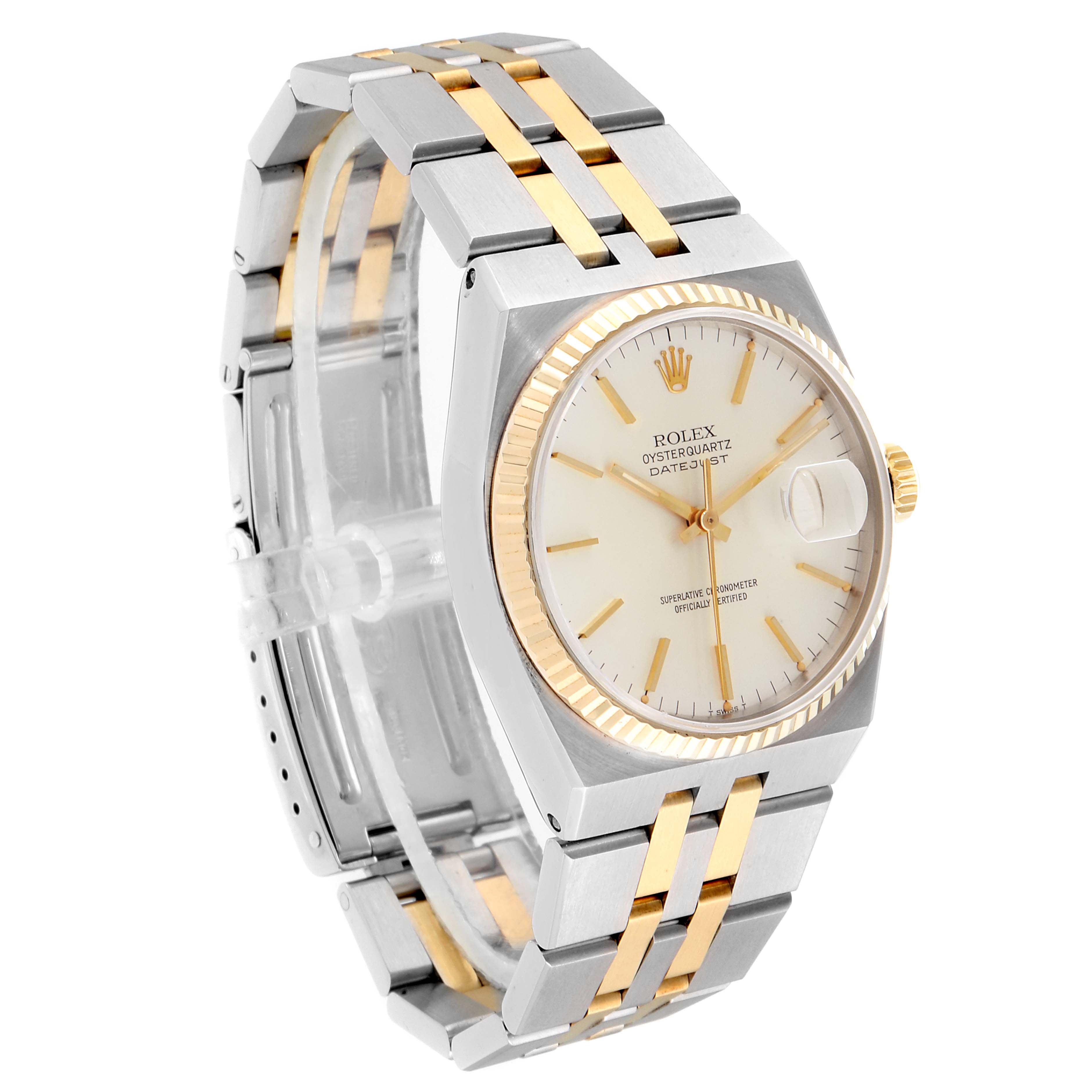 The image shows a Rolex Oysterquartz 17013 Men
s Steel and Gold (two tone) Silver Dial 17013 Men
s Steel and Gold (two tone) Silver Dial Datejust model from a three-quarter angle, highlighting the dial, case, and bracelet.