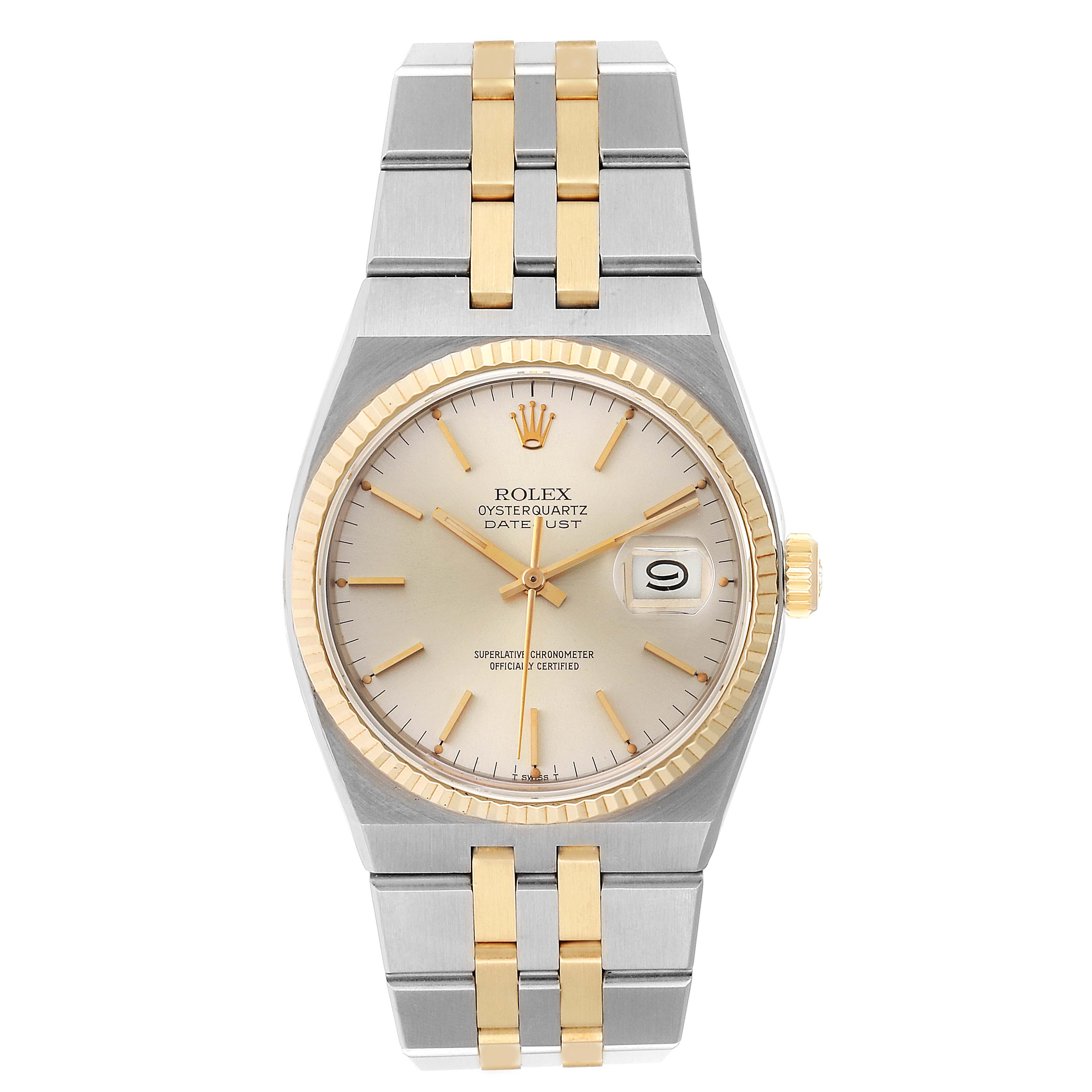 The Rolex Oysterquartz 17013 Men
s Steel and Gold (two tone) Silver Dial 17013 Men
s Steel and Gold (two tone) Silver Dial watch is shown from the front, displaying the dial, hands, bezel, bracelet, and date window.