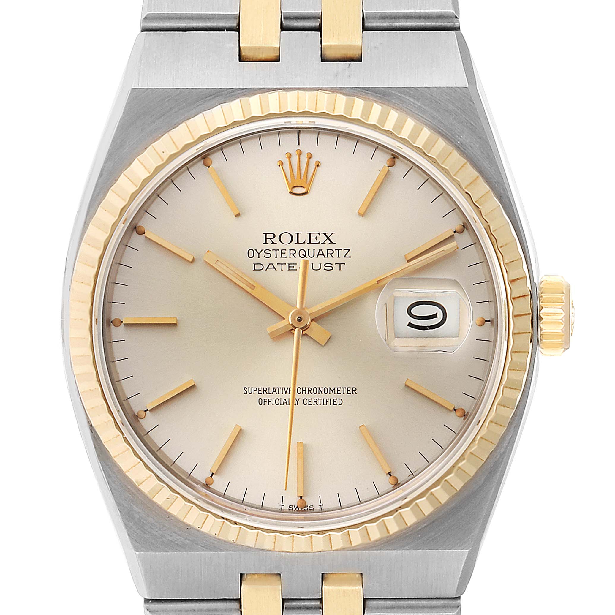 This image shows a front view of the Rolex Oysterquartz 17013 Men
s Steel and Gold (two tone) Silver Dial 17013 Men
s Steel and Gold (two tone) Silver Dial watch, highlighting the dial, bezel, hands, date display, and part of the bracelet.