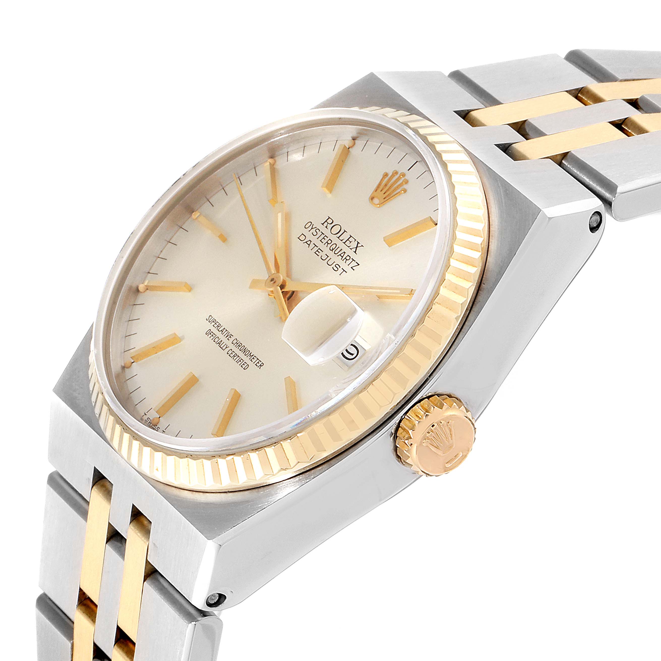 The image shows a side angle of the Rolex Oysterquartz 17013 Men
s Steel and Gold (two tone) Silver Dial 17013 Men
s Steel and Gold (two tone) Silver Dial Datejust watch, highlighting the crown, bezel, and bracelet.