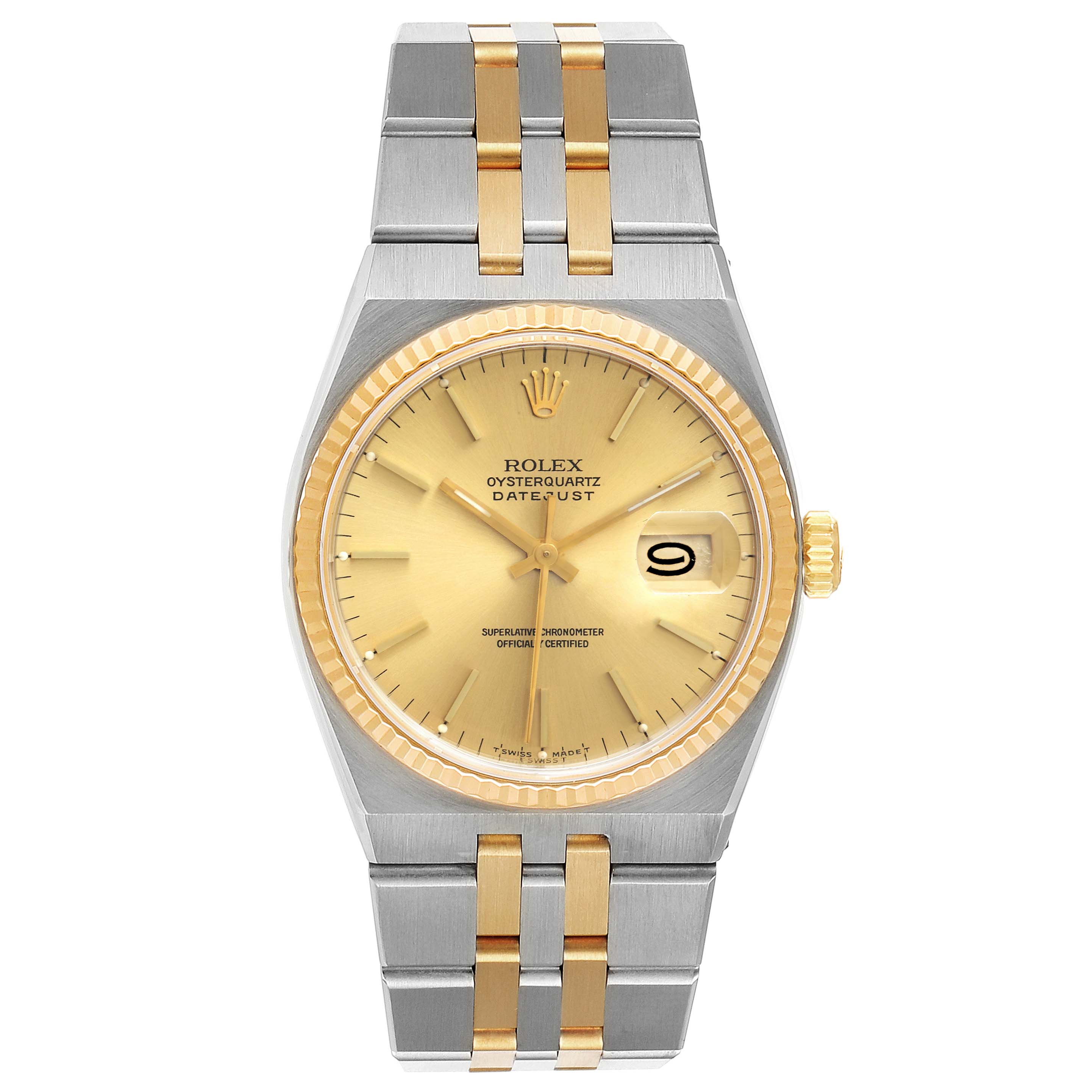 This Oysterquartz Rolex watch is shown from a straight-on angle, featuring its face, bezel, bracelet, and crown.