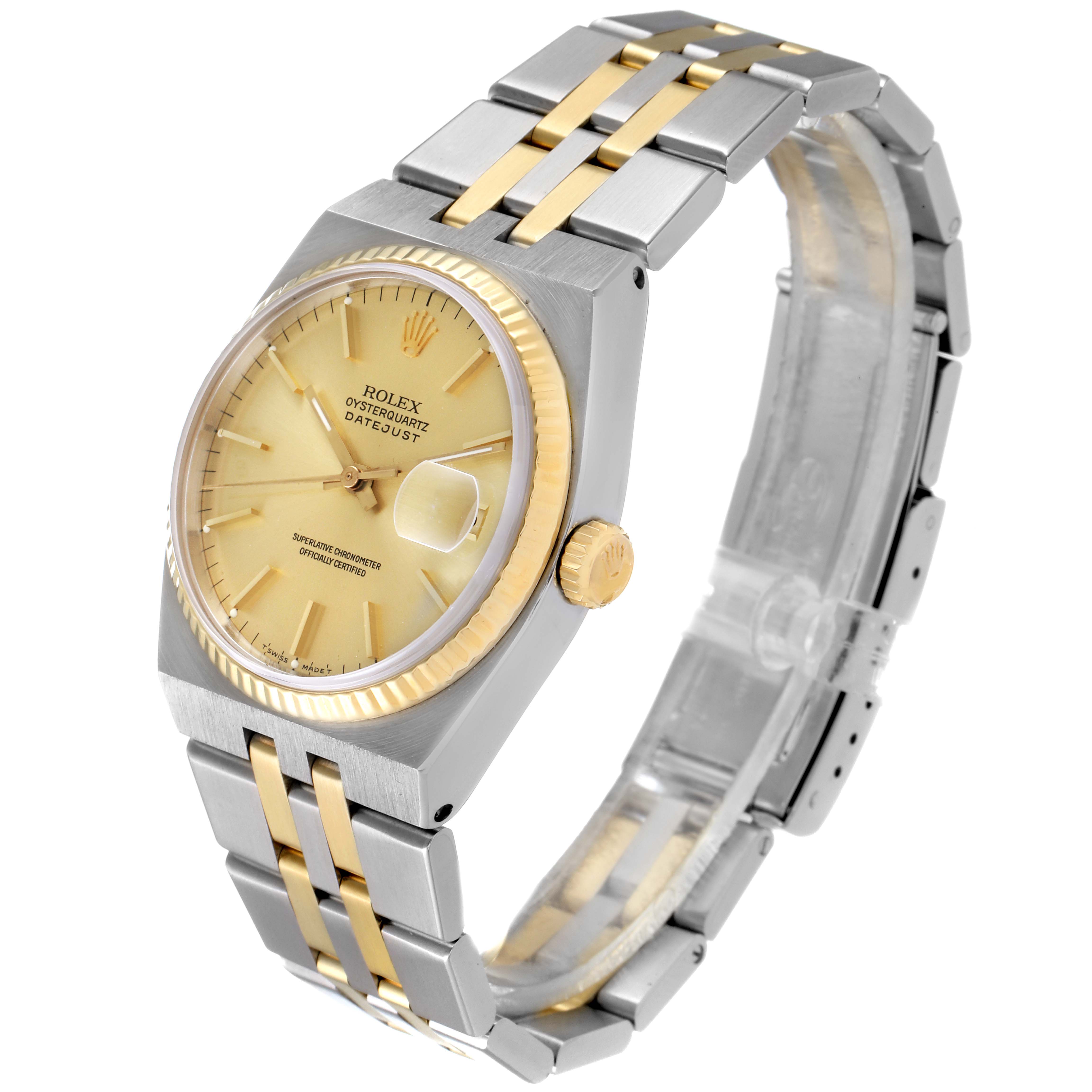This Rolex Oysterquartz 17013 Men's Steel and Gold (two tone) Champagne Dial 17013 Men's Steel and Gold (two tone) Champagne Dial model watch is shown at a three-quarter angle, displaying the face, crown, and bracelet.