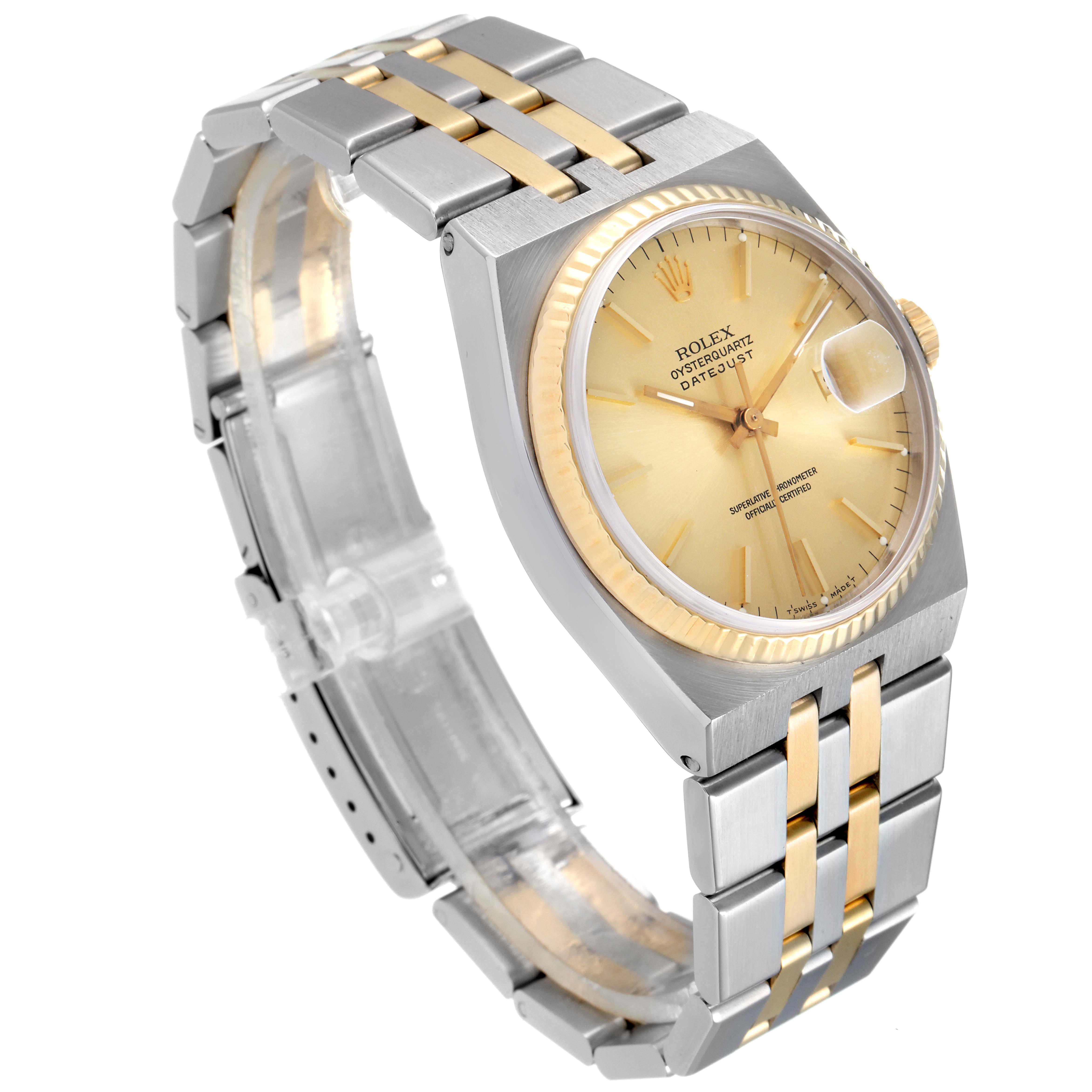 This image shows a Rolex Oysterquartz 17013 Men's Steel and Gold (two tone) Champagne Dial 17013 Men's Steel and Gold (two tone) Champagne Dial watch at an angle, highlighting its two-tone bracelet, fluted bezel, and champagne dial.