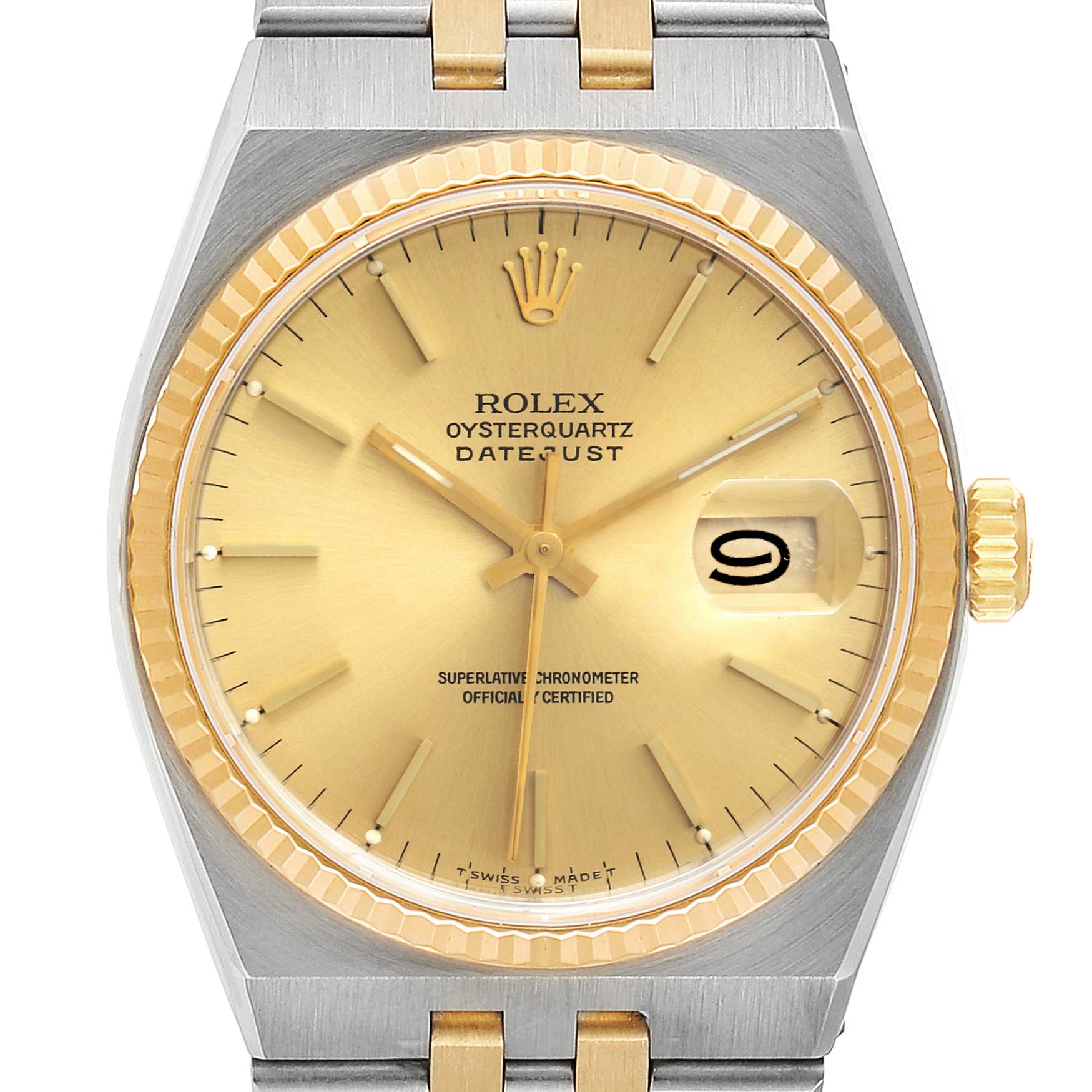 This image shows the dial, bezel, crown, and part of the bracelet of the Rolex Oysterquartz 17013 Men's Steel and Gold (two tone) Champagne Dial 17013 Men's Steel and Gold (two tone) Champagne Dial watch model, taken from a front angle.