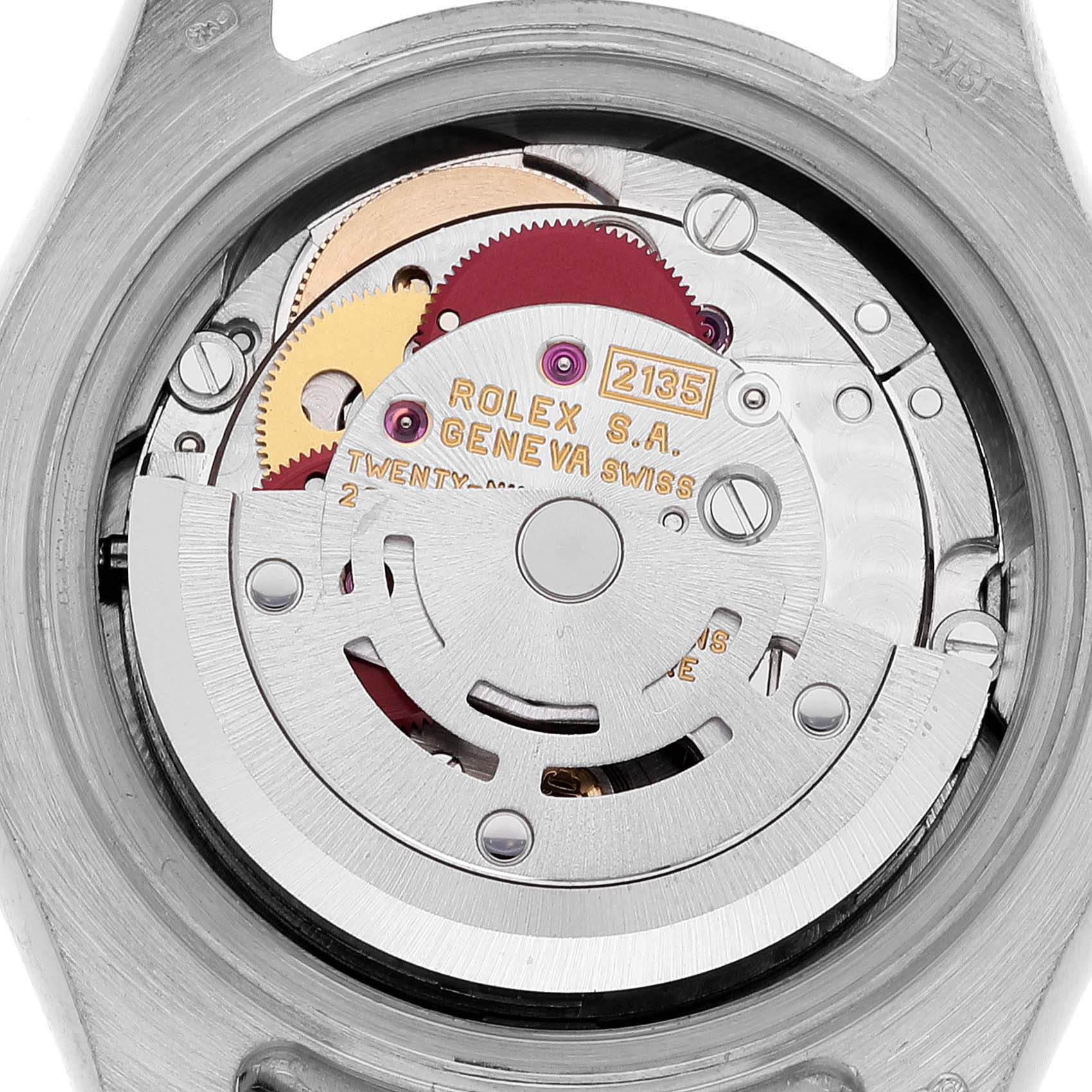 The image shows the internal mechanism and movement of the Rolex Pearlmaster 69299 Women's White Gold Silver Dial 69299 Women's White Gold Silver Dial watch from a back angle.