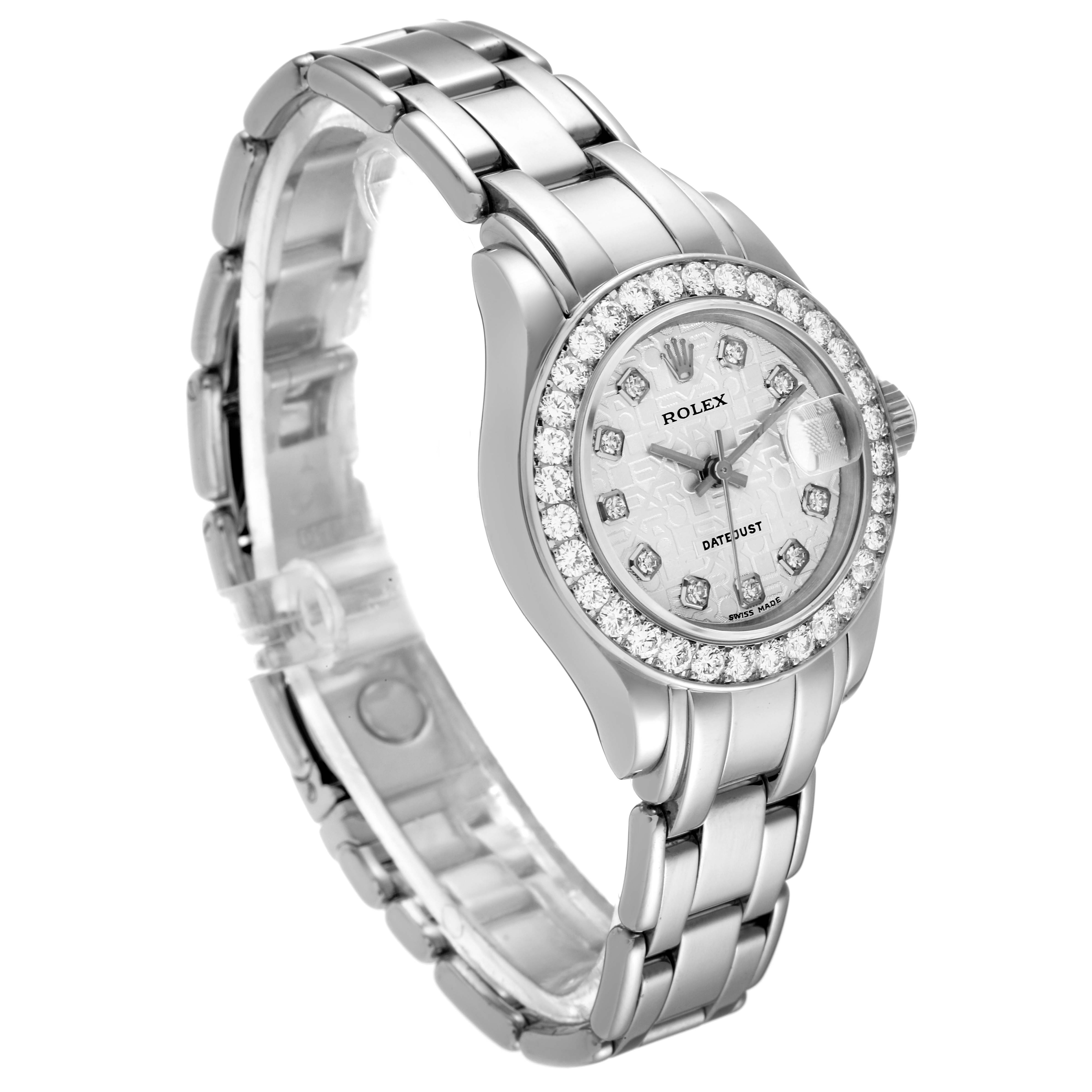 This image shows a Rolex Pearlmaster 69299 Women's White Gold Silver Dial 69299 Women's White Gold Silver Dial watch at a slight angle, highlighting the face, bezel, and bracelet.