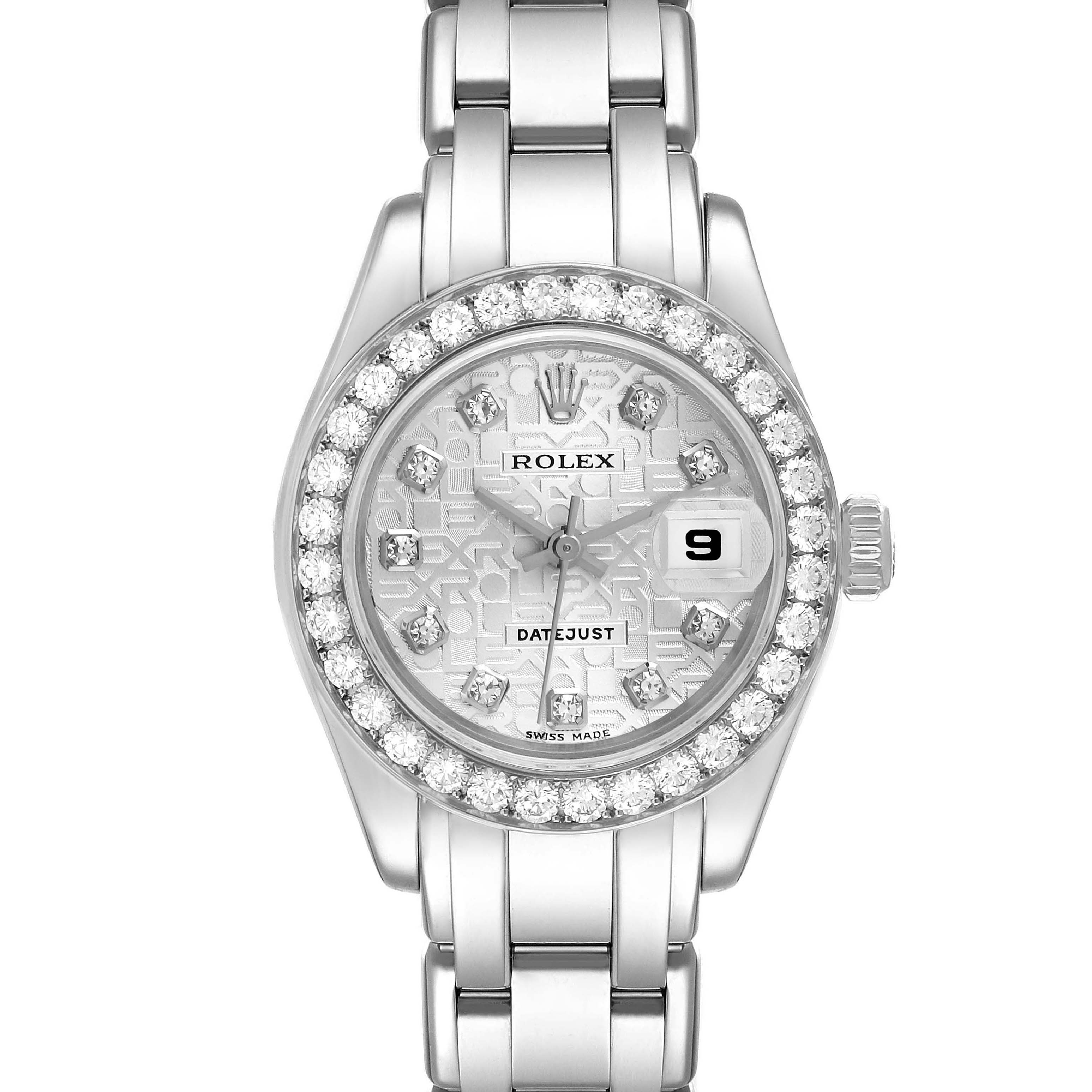 This is a front view of a Rolex Pearlmaster 69299 Women's White Gold Silver Dial 69299 Women's White Gold Silver Dial watch, showing the dial, bezel with diamonds, and part of the bracelet.