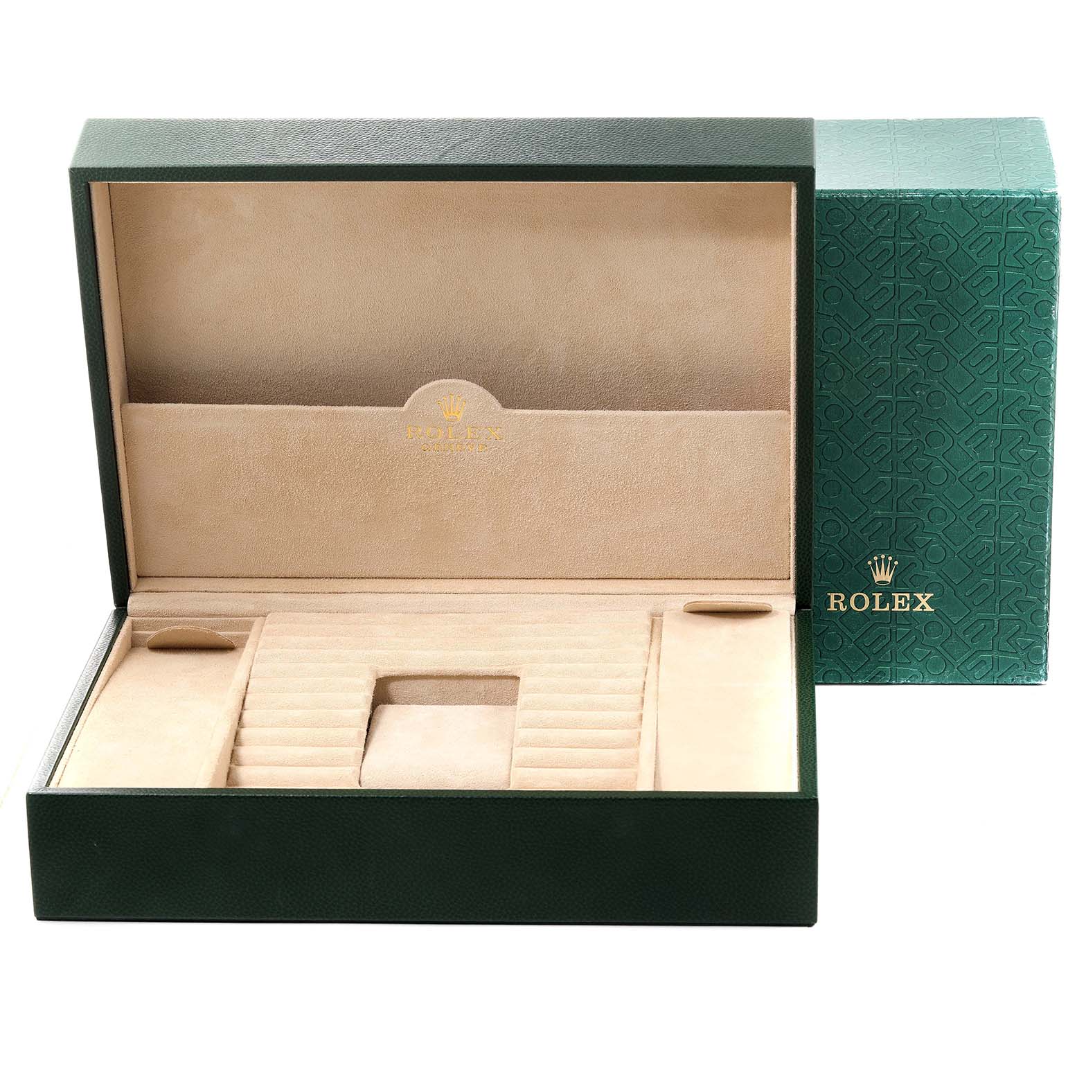 This image shows the open presentation box for a Rolex Pearlmaster 69299 Women's White Gold Silver Dial 69299 Women's White Gold Silver Dial watch, showcasing the interior compartments and cushion.