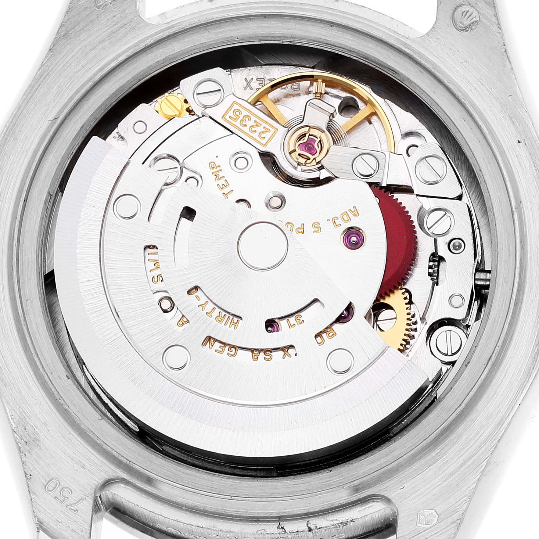 This image shows a close-up view of the movement and inner mechanics of the Rolex Pearlmaster 80299 Women's White Gold Mother of Pearl Dial 80299 Women's White Gold Mother of Pearl Dial watch from the back.