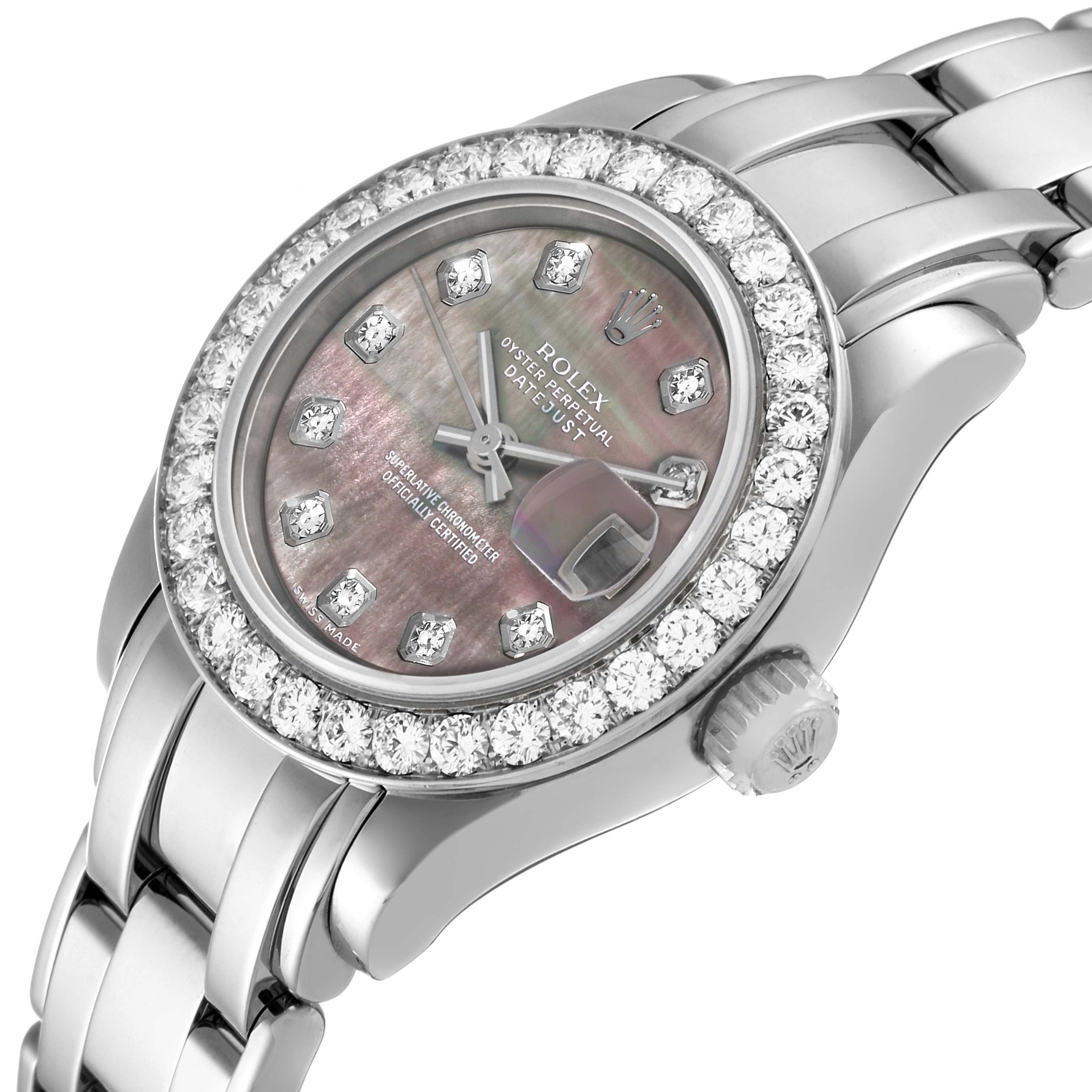 This image shows a close-up, angled view of the Rolex Pearlmaster 80299 Women's White Gold Mother of Pearl Dial 80299 Women's White Gold Mother of Pearl Dial watch, highlighting the dial, bezel, and part of the bracelet.