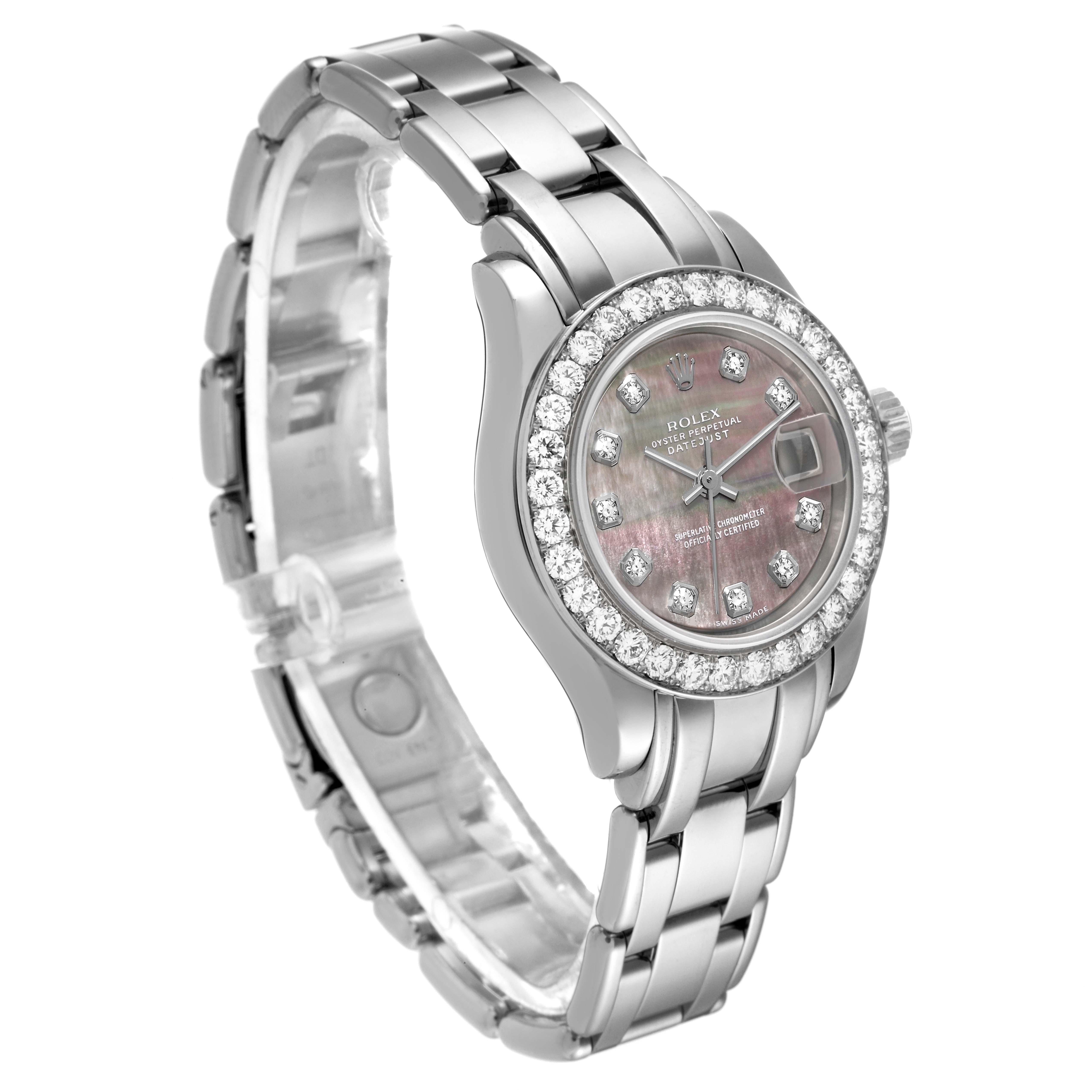The image shows a Rolex Pearlmaster 80299 Women's White Gold Mother of Pearl Dial 80299 Women's White Gold Mother of Pearl Dial watch angled from the front-left, highlighting the dial, bezel, and bracelet.