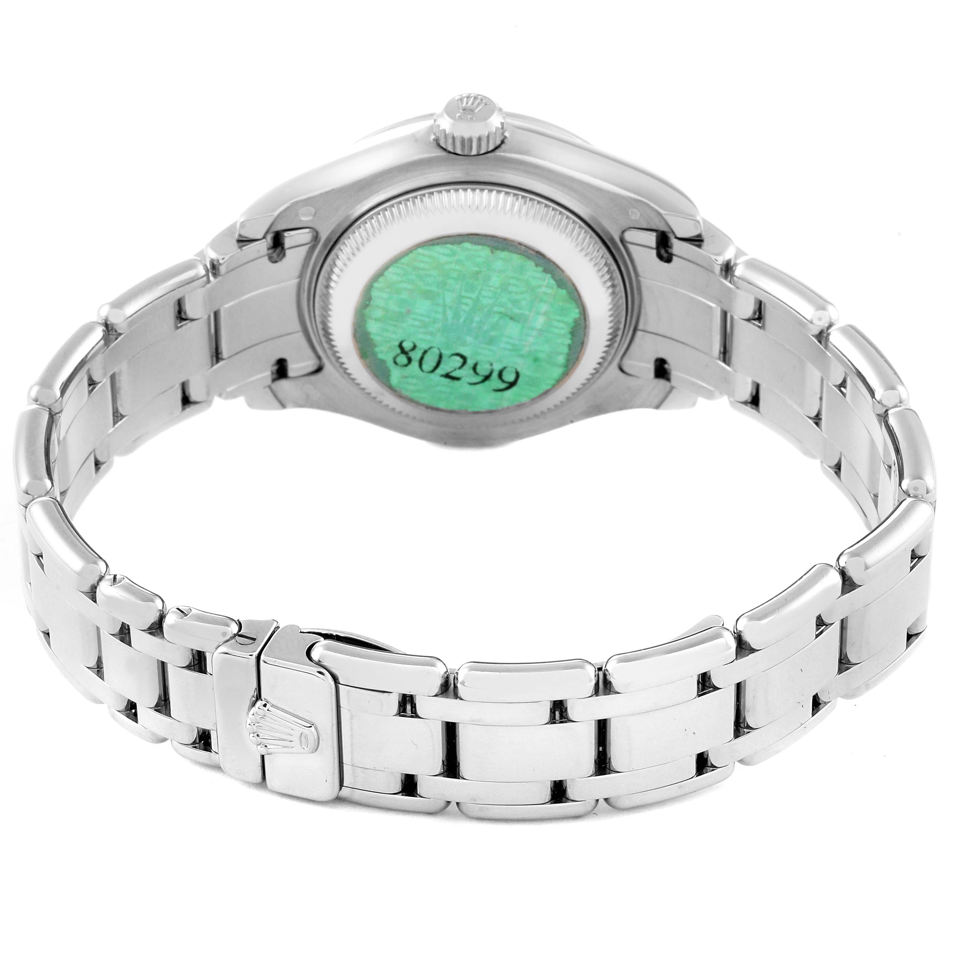 The image shows the back and bracelet of a Rolex Pearlmaster 80299 Women's White Gold Mother of Pearl Dial 80299 Women's White Gold Mother of Pearl Dial watch, including the clasp and case back.