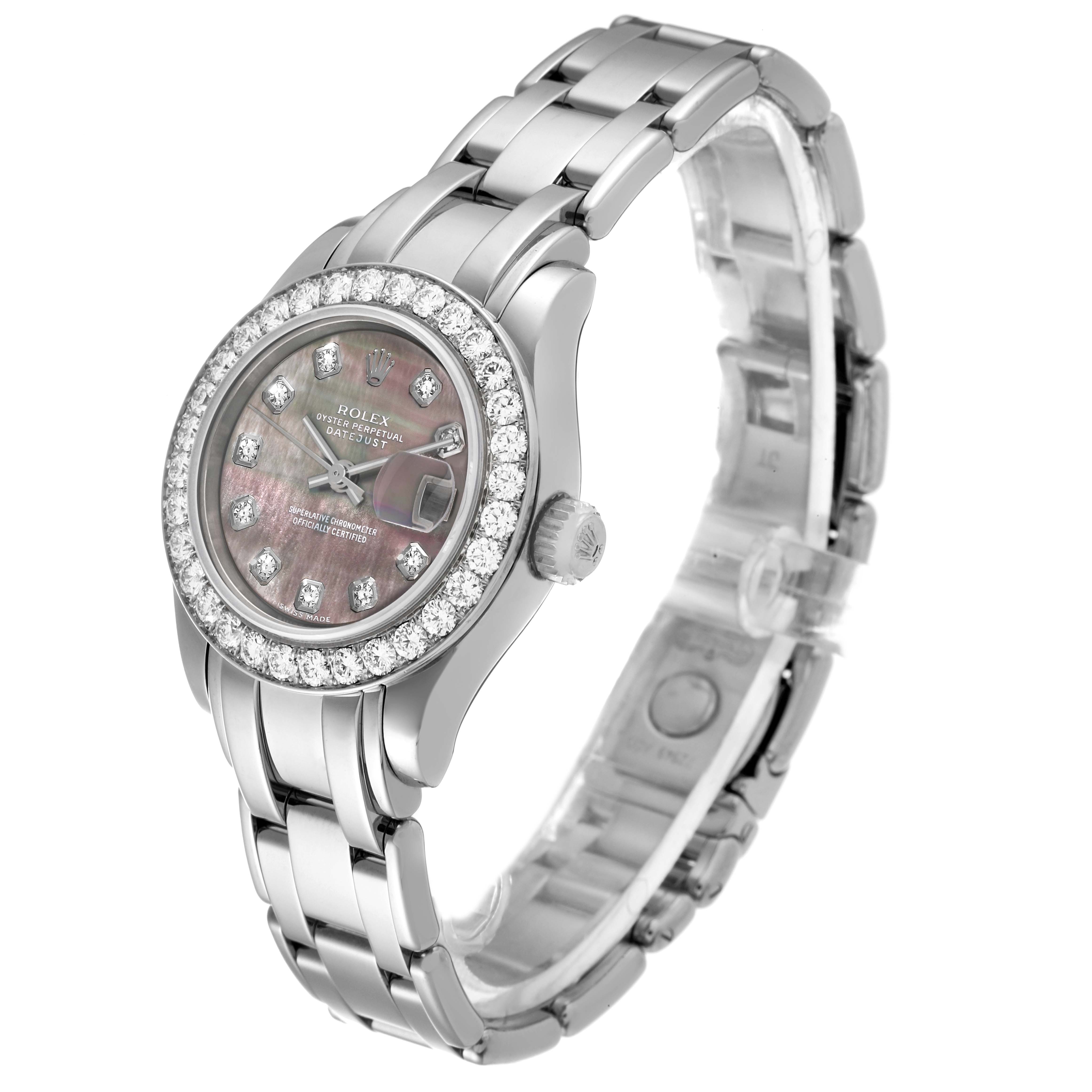 The image shows a Pearlmaster model by Rolex from an angled front and side view, highlighting the face, bezel, and bracelet.
